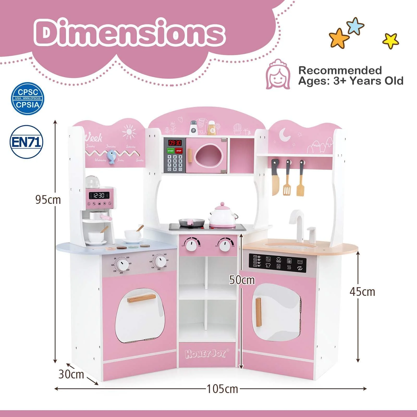HONEY JOY Corner Wooden Play Kitchen, 18 PCS Pretend Kitchen Playset w/Coffee Machine - Image 7