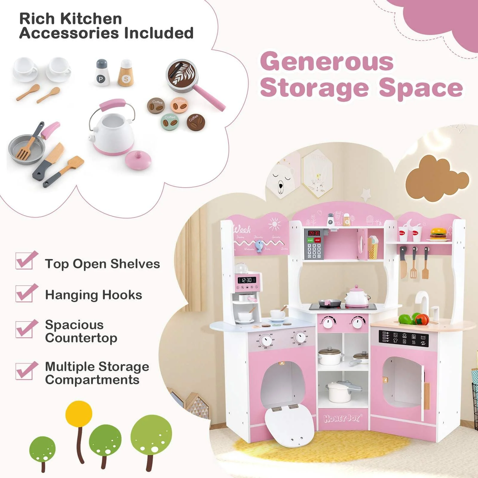 HONEY JOY Corner Wooden Play Kitchen, 18 PCS Pretend Kitchen Playset w/Coffee Machine - Image 8