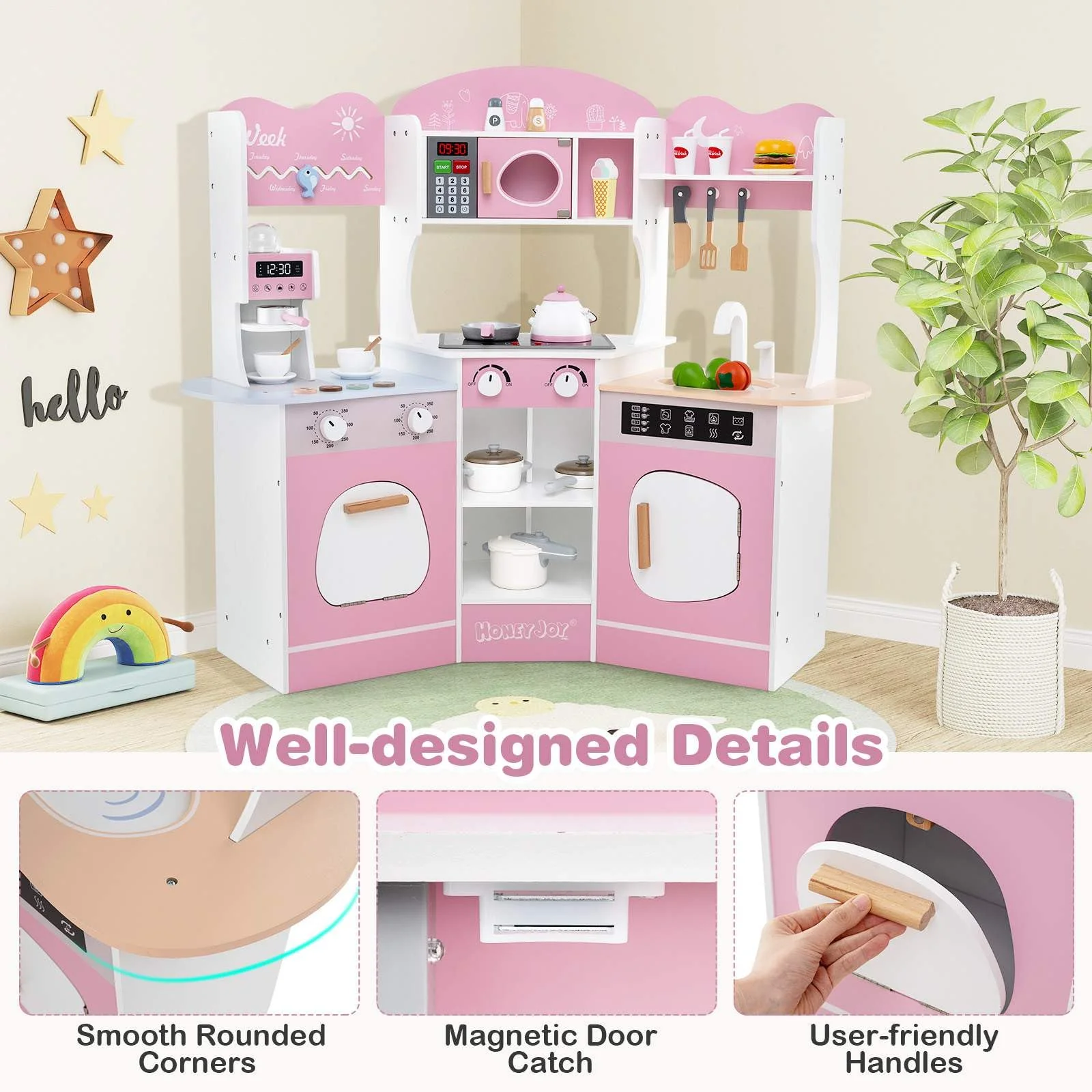 HONEY JOY Corner Wooden Play Kitchen, 18 PCS Pretend Kitchen Playset w/Coffee Machine - Image 9