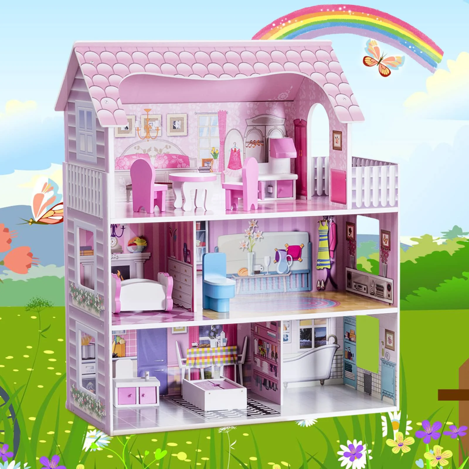 HONEY JOY Dollhouse with 8Pcs Furniture - Image 3