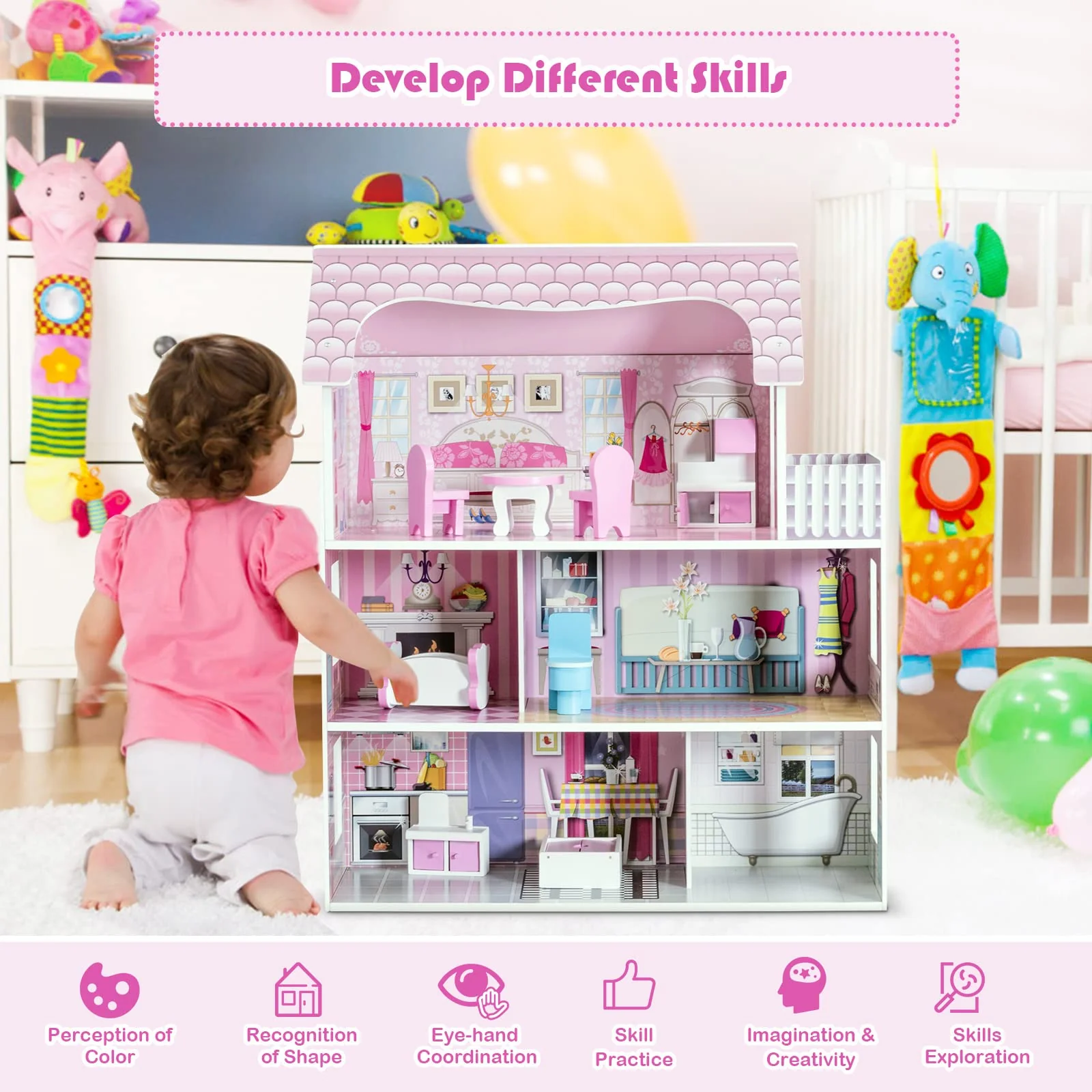 HONEY JOY Dollhouse with 8Pcs Furniture - Image 4