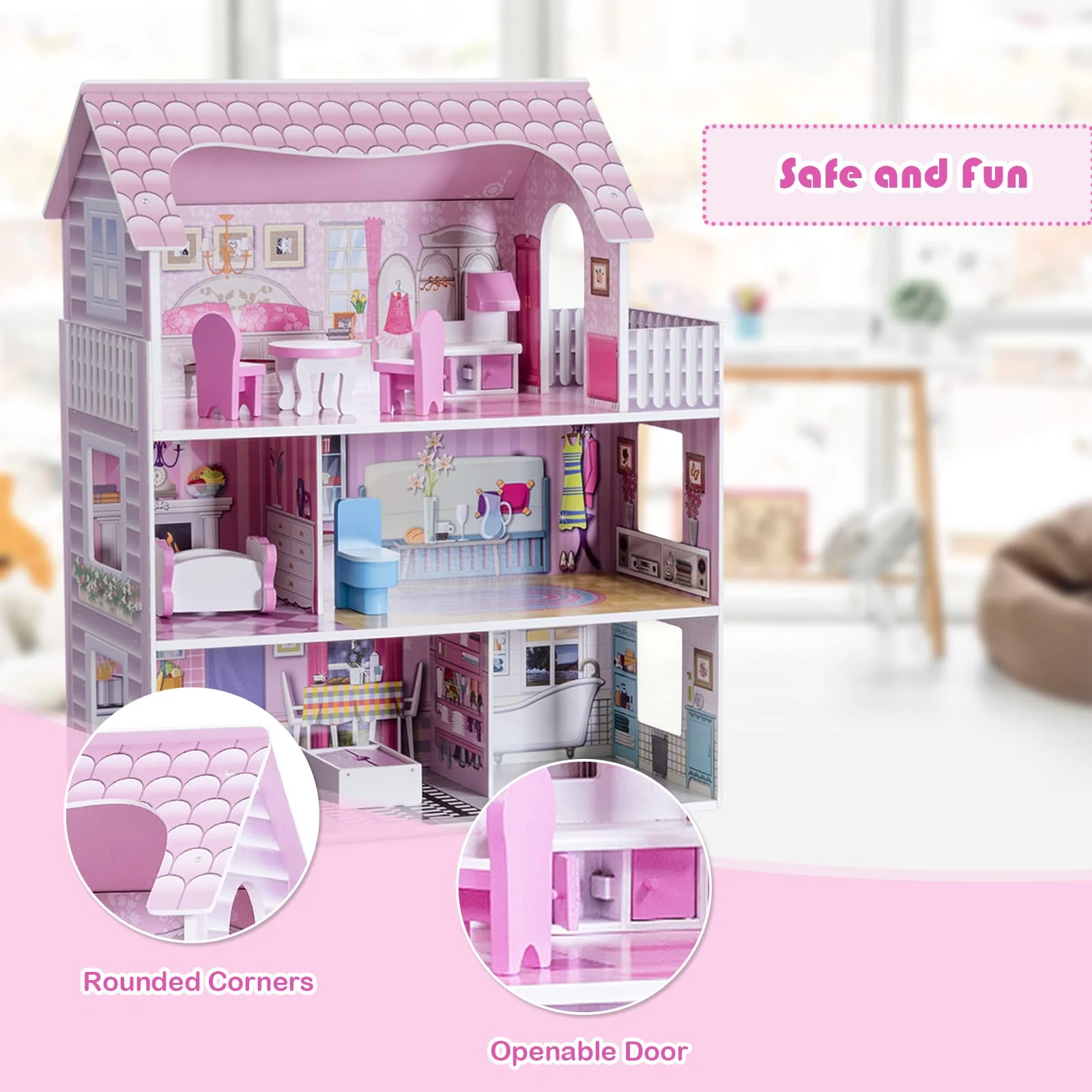 HONEY JOY Dollhouse with 8Pcs Furniture - Image 5
