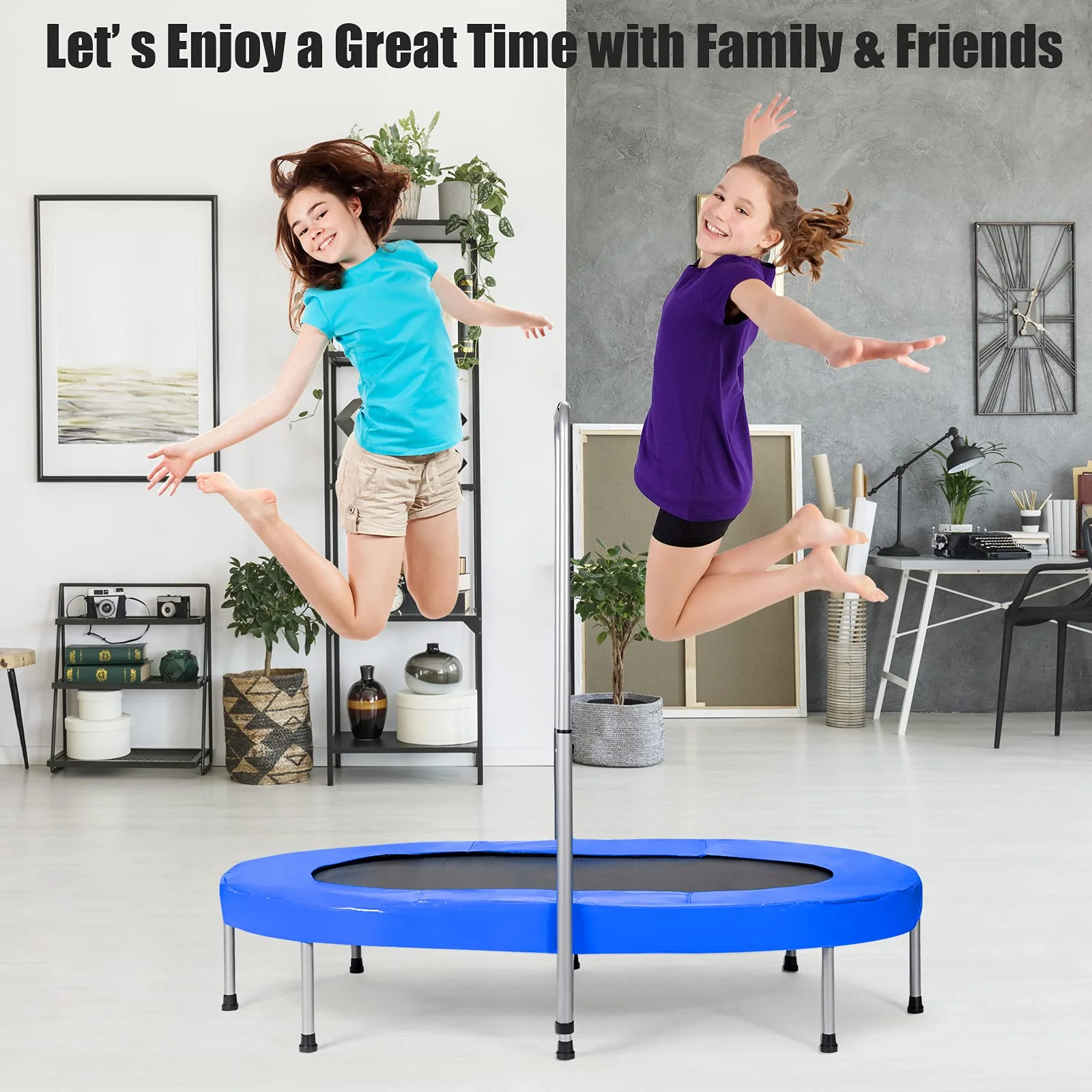 HONEY JOY Double Trampoline for 2 Kids, Children Foldable Jumping Fitness Trampoline w/Adjustable Handrail & Safety Pad - Image 10