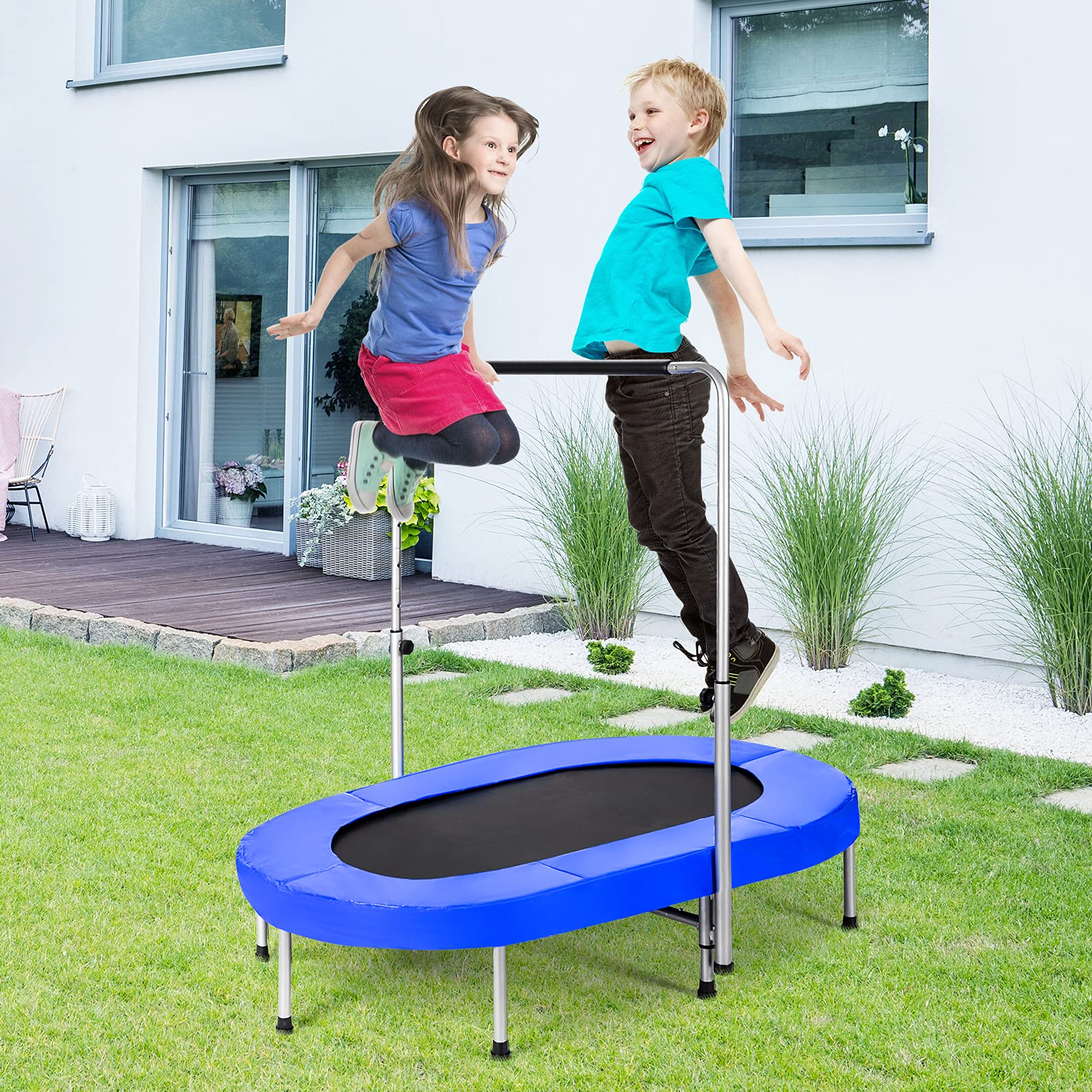 HONEY JOY Double Trampoline for 2 Kids, Children Foldable Jumping Fitness Trampoline w/Adjustable Handrail & Safety Pad - Image 2