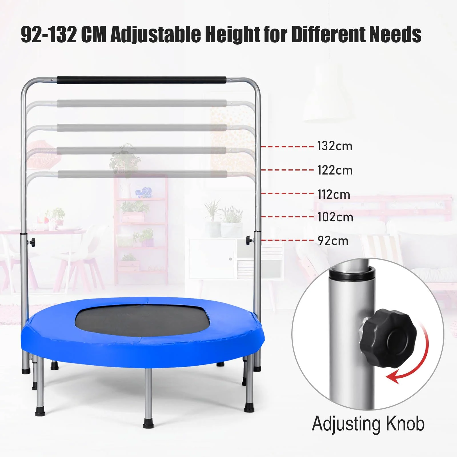 HONEY JOY Double Trampoline for 2 Kids, Children Foldable Jumping Fitness Trampoline w/Adjustable Handrail & Safety Pad - Image 3