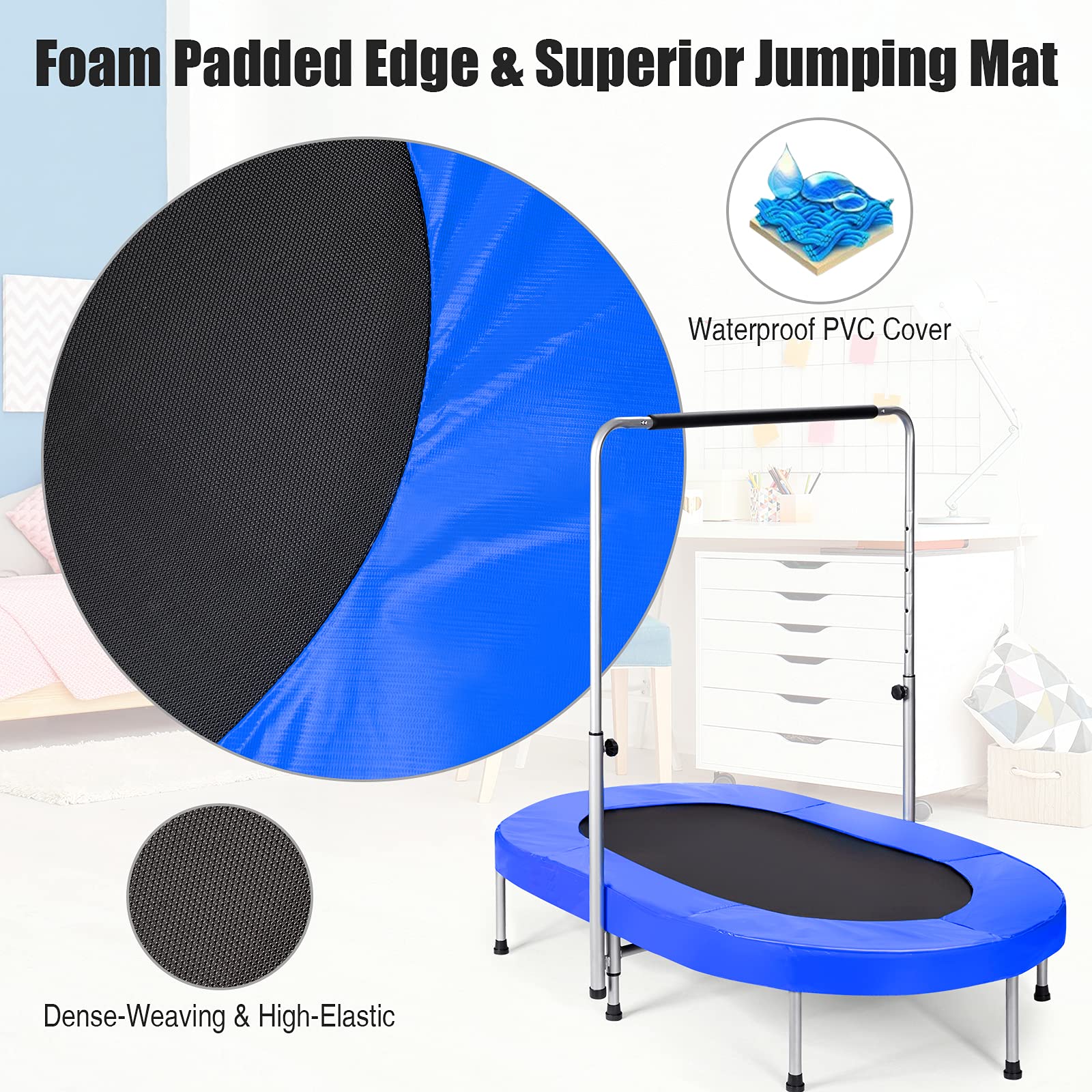 HONEY JOY Double Trampoline for 2 Kids, Children Foldable Jumping Fitness Trampoline w/Adjustable Handrail & Safety Pad - Image 4