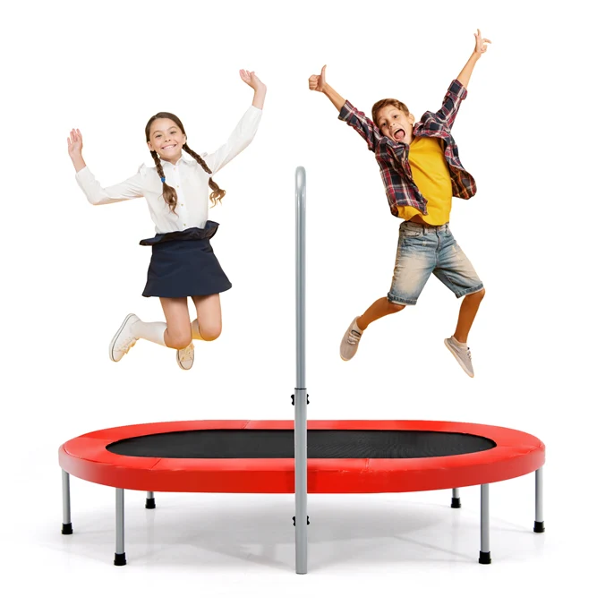 HONEY JOY Double Trampoline for 2 Kids, Children Foldable Jumping Fitness Trampoline w/Adjustable Handrail & Safety Pad - Image 6