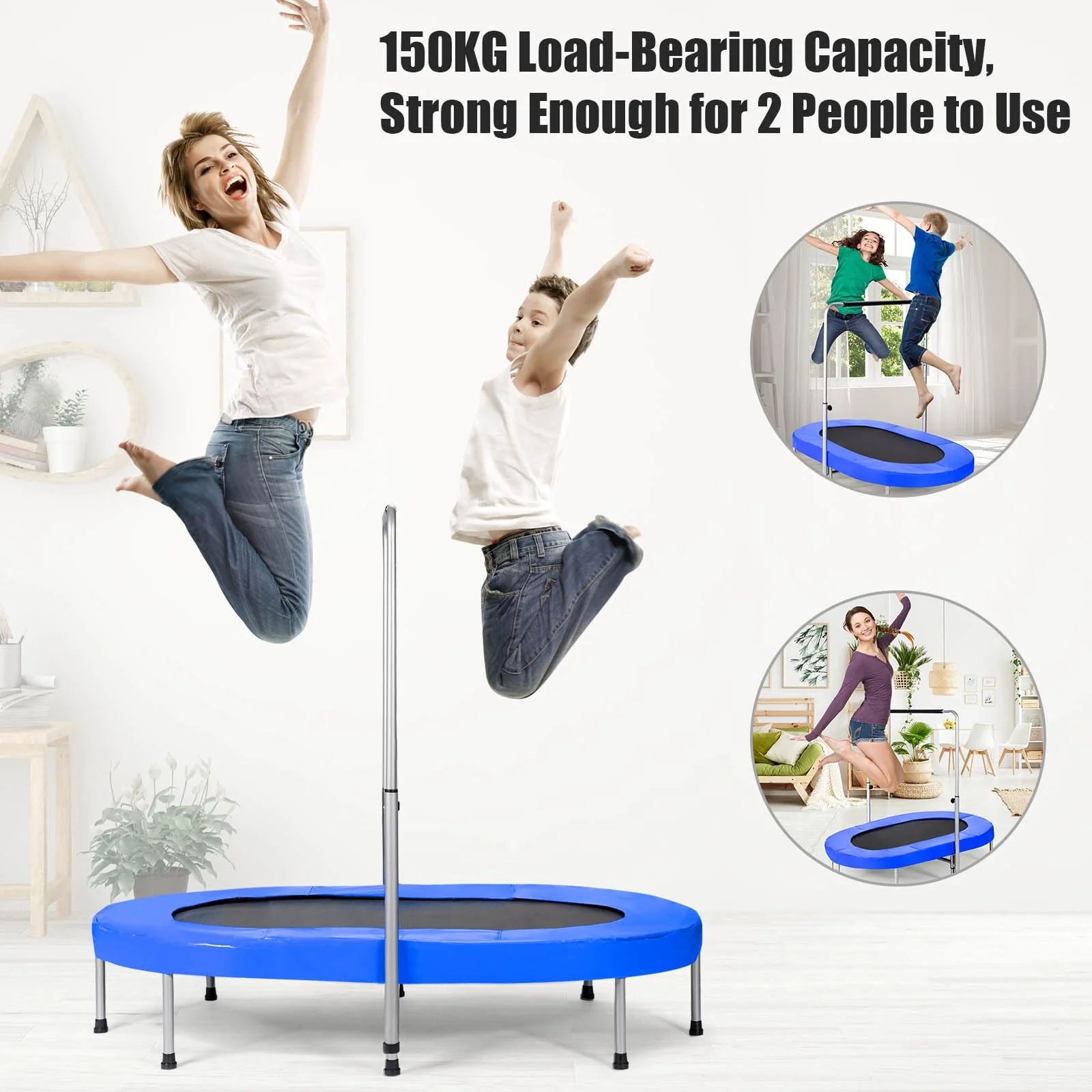 HONEY JOY Double Trampoline for 2 Kids, Children Foldable Jumping Fitness Trampoline w/Adjustable Handrail & Safety Pad - Image 7