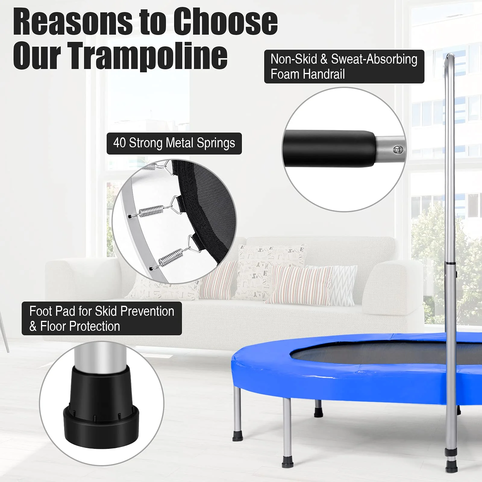 HONEY JOY Double Trampoline for 2 Kids, Children Foldable Jumping Fitness Trampoline w/Adjustable Handrail & Safety Pad - Image 9