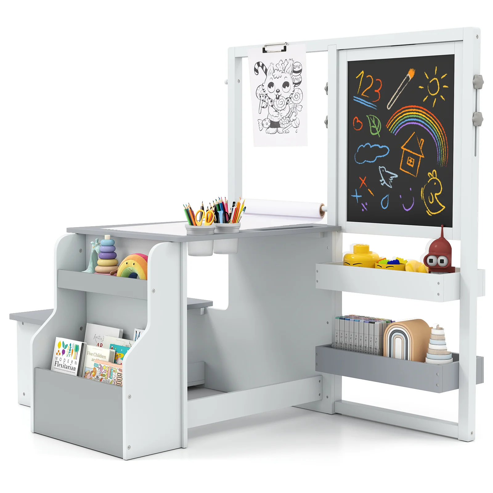 HONEY JOY Easel for Kids Wooden Art Easel with Double-Sided Blackboard & Whiteboard, Paper Roll for Drawing - Image 11