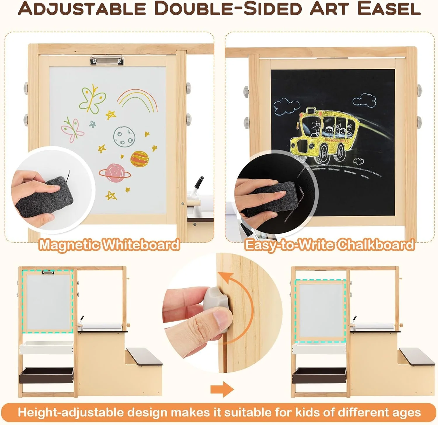 HONEY JOY Easel for Kids Wooden Art Easel with Double-Sided Blackboard & Whiteboard, Paper Roll for Drawing - Image 4
