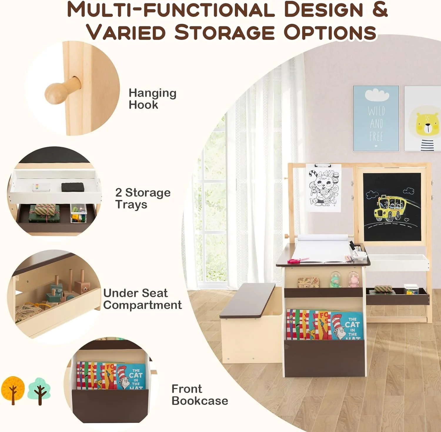 HONEY JOY Easel for Kids Wooden Art Easel with Double-Sided Blackboard & Whiteboard, Paper Roll for Drawing - Image 5