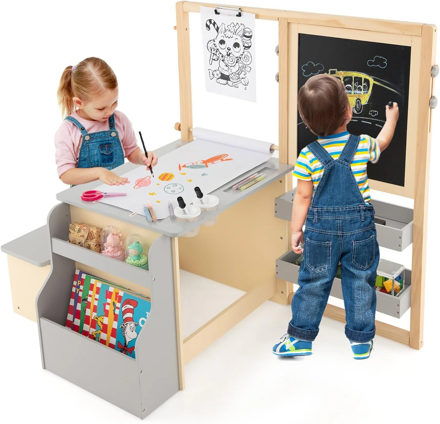 HONEY JOY Easel for Kids Wooden Art Easel with Double-Sided Blackboard & Whiteboard, Paper Roll for Drawing - Image 9