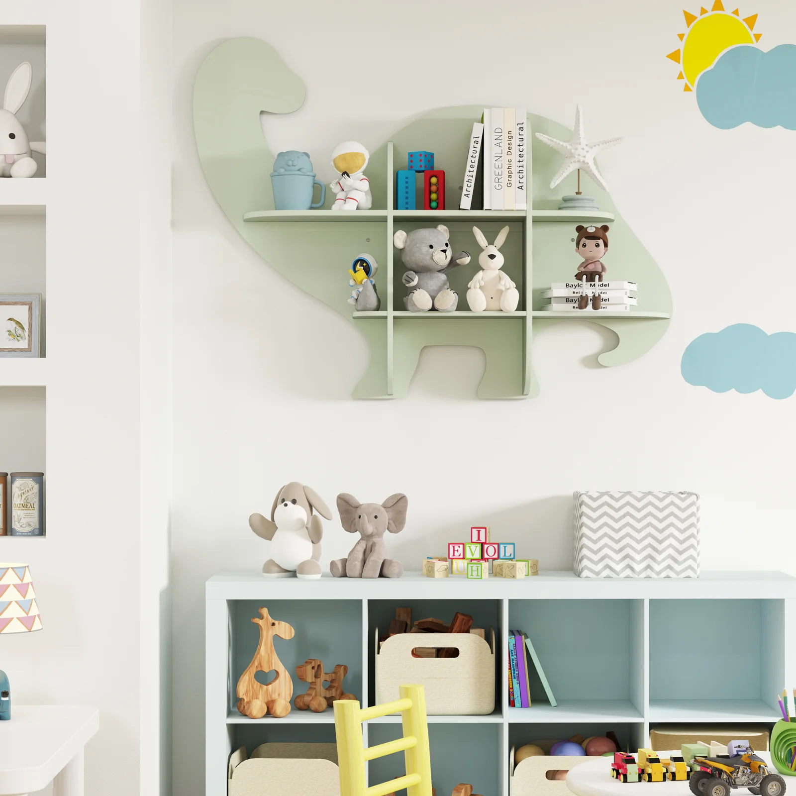 HONEY JOY Floating Dinosaur Kids Bookshelf, 2-Tier Wooden Hanging Bookcase for Children - Image 10