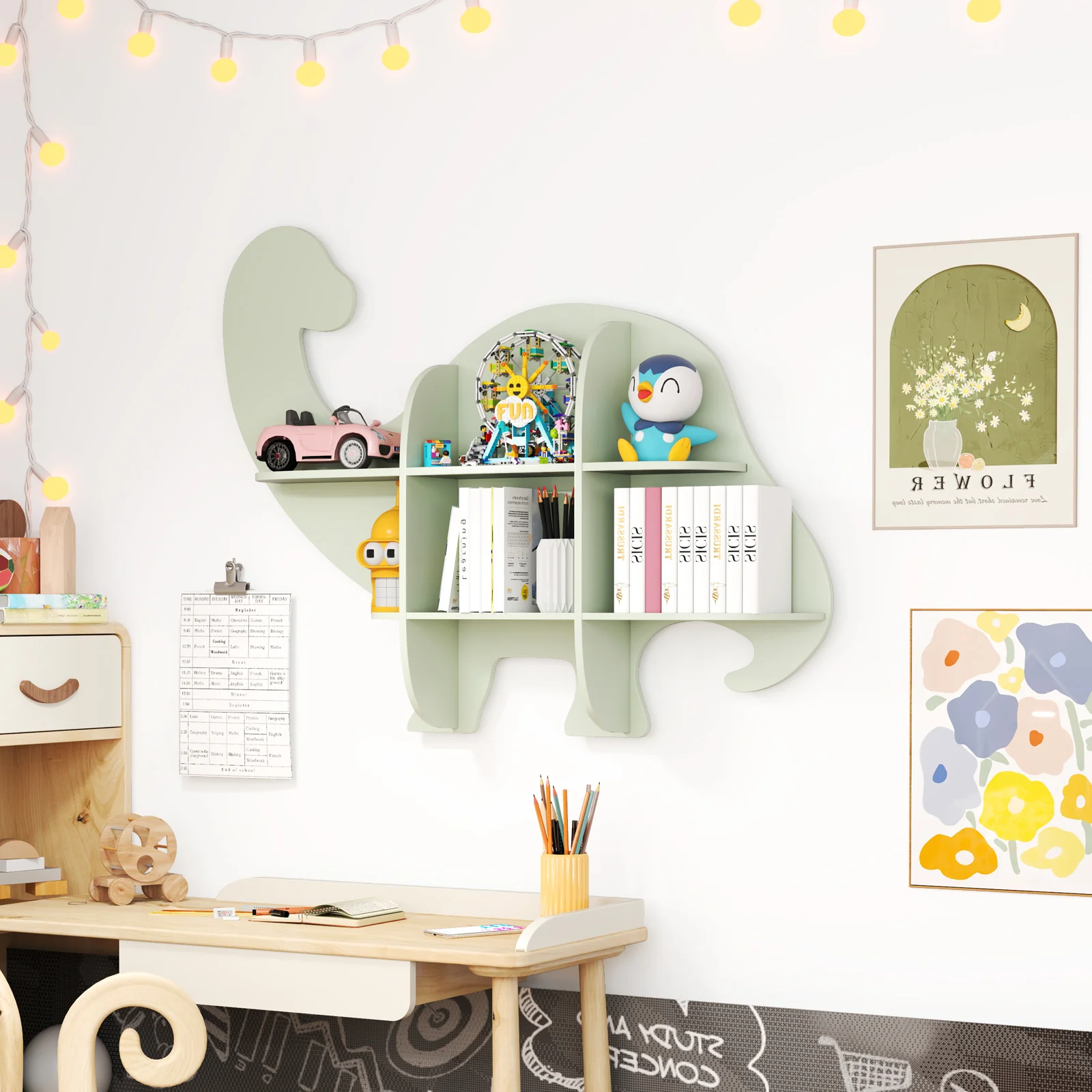 HONEY JOY Floating Dinosaur Kids Bookshelf, 2-Tier Wooden Hanging Bookcase for Children - Image 11