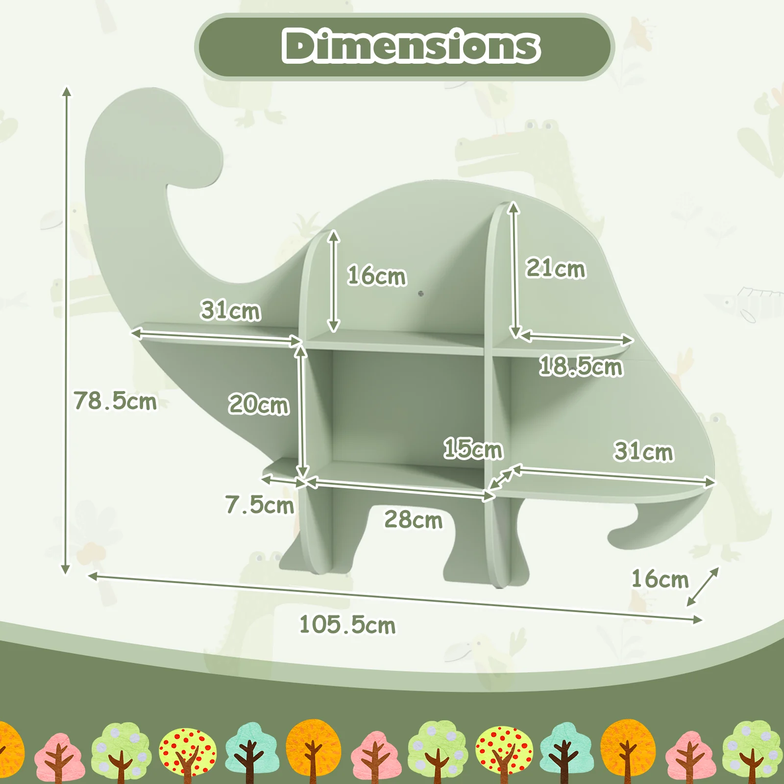 HONEY JOY Floating Dinosaur Kids Bookshelf, 2-Tier Wooden Hanging Bookcase for Children - Image 12