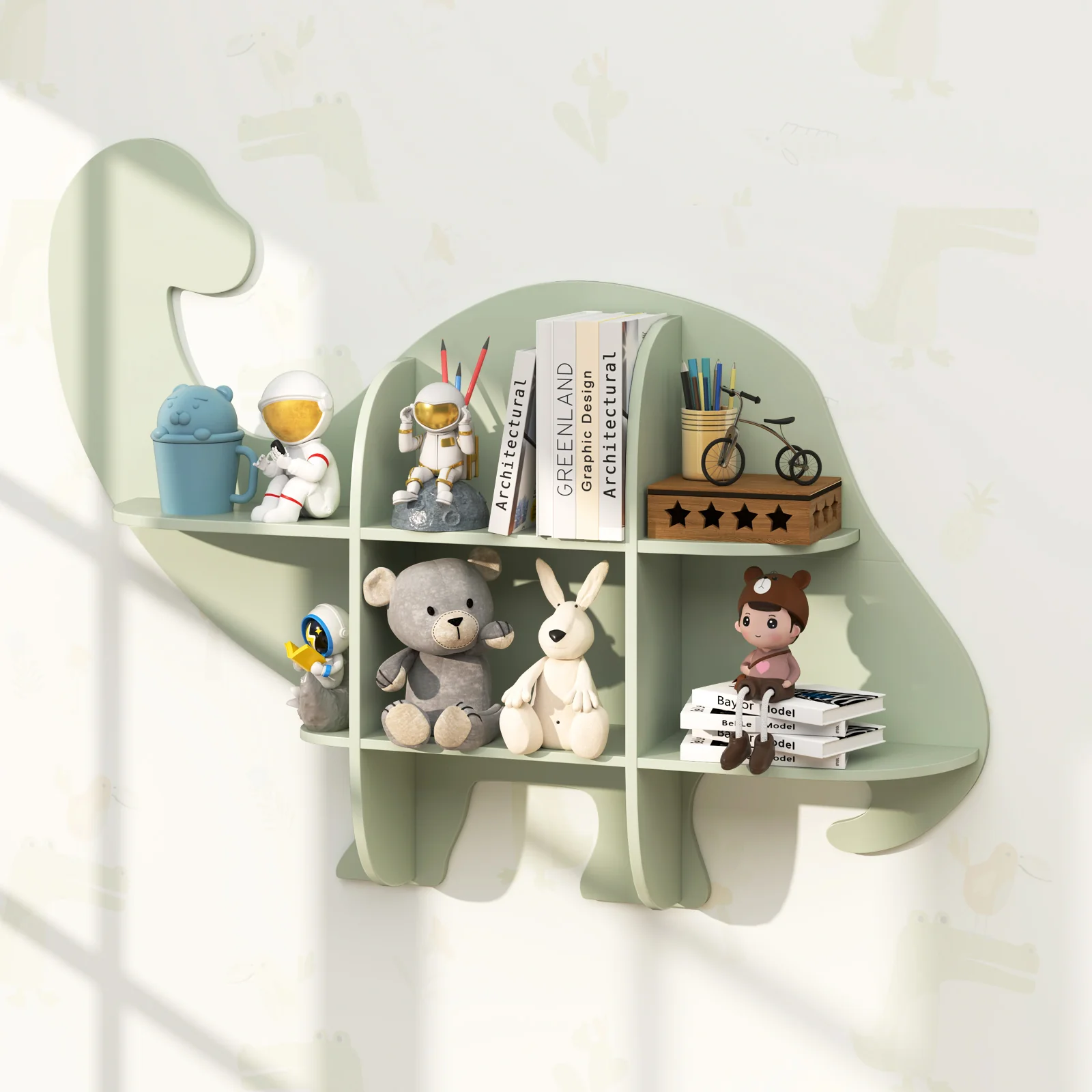 HONEY JOY Floating Dinosaur Kids Bookshelf, 2-Tier Wooden Hanging Bookcase for Children - Image 3