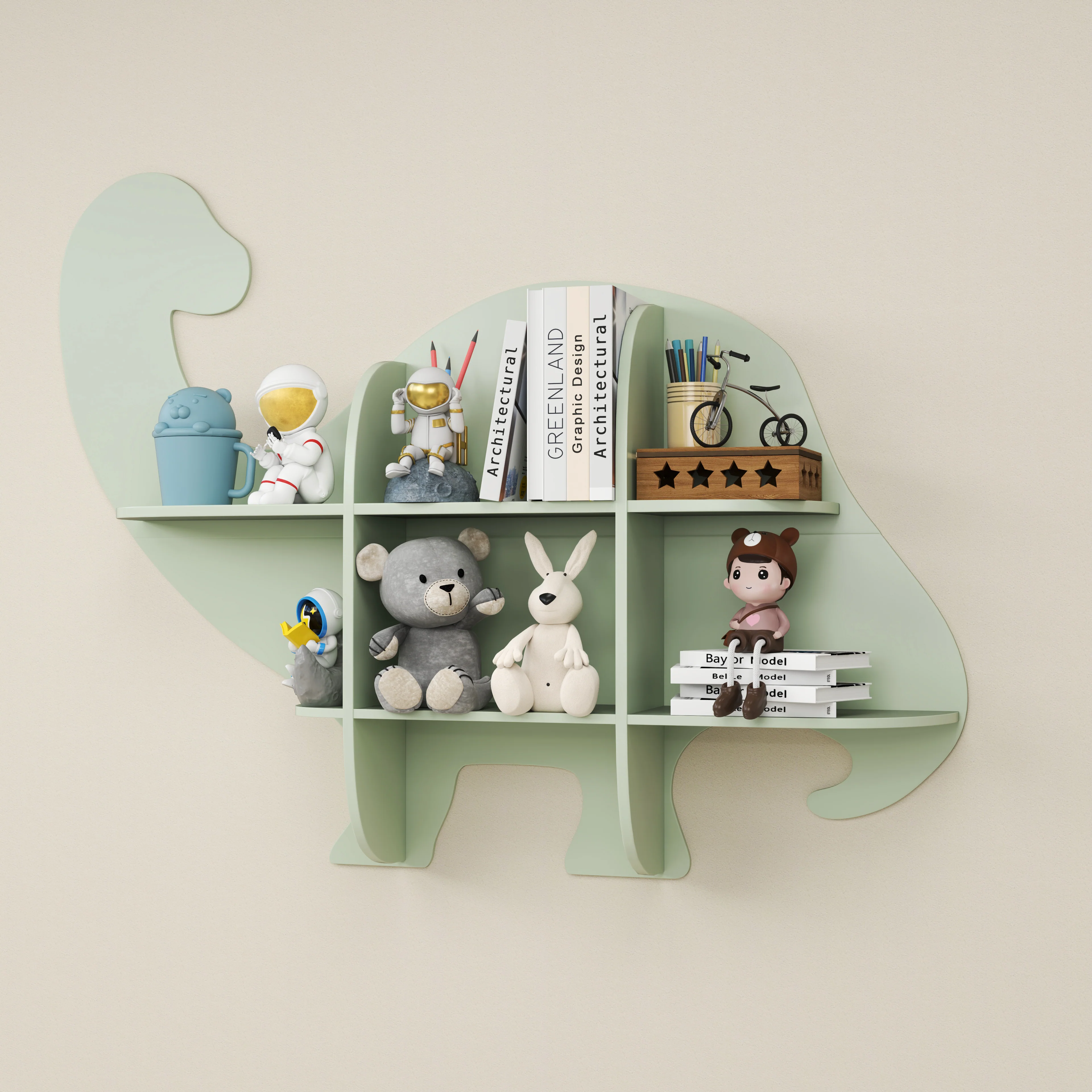 HONEY JOY Floating Dinosaur Kids Bookshelf, 2-Tier Wooden Hanging Bookcase for Children - Image 4