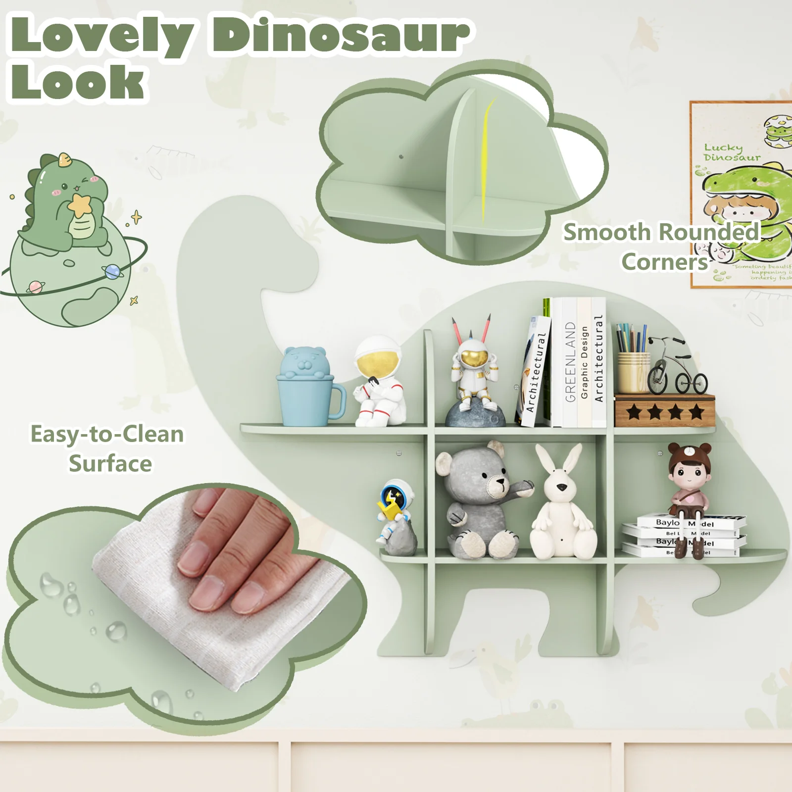 HONEY JOY Floating Dinosaur Kids Bookshelf, 2-Tier Wooden Hanging Bookcase for Children - Image 5