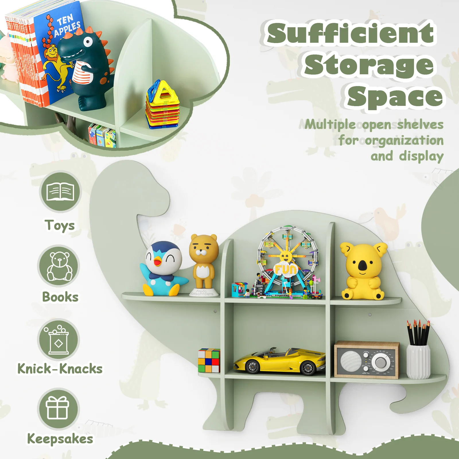 HONEY JOY Floating Dinosaur Kids Bookshelf, 2-Tier Wooden Hanging Bookcase for Children - Image 6