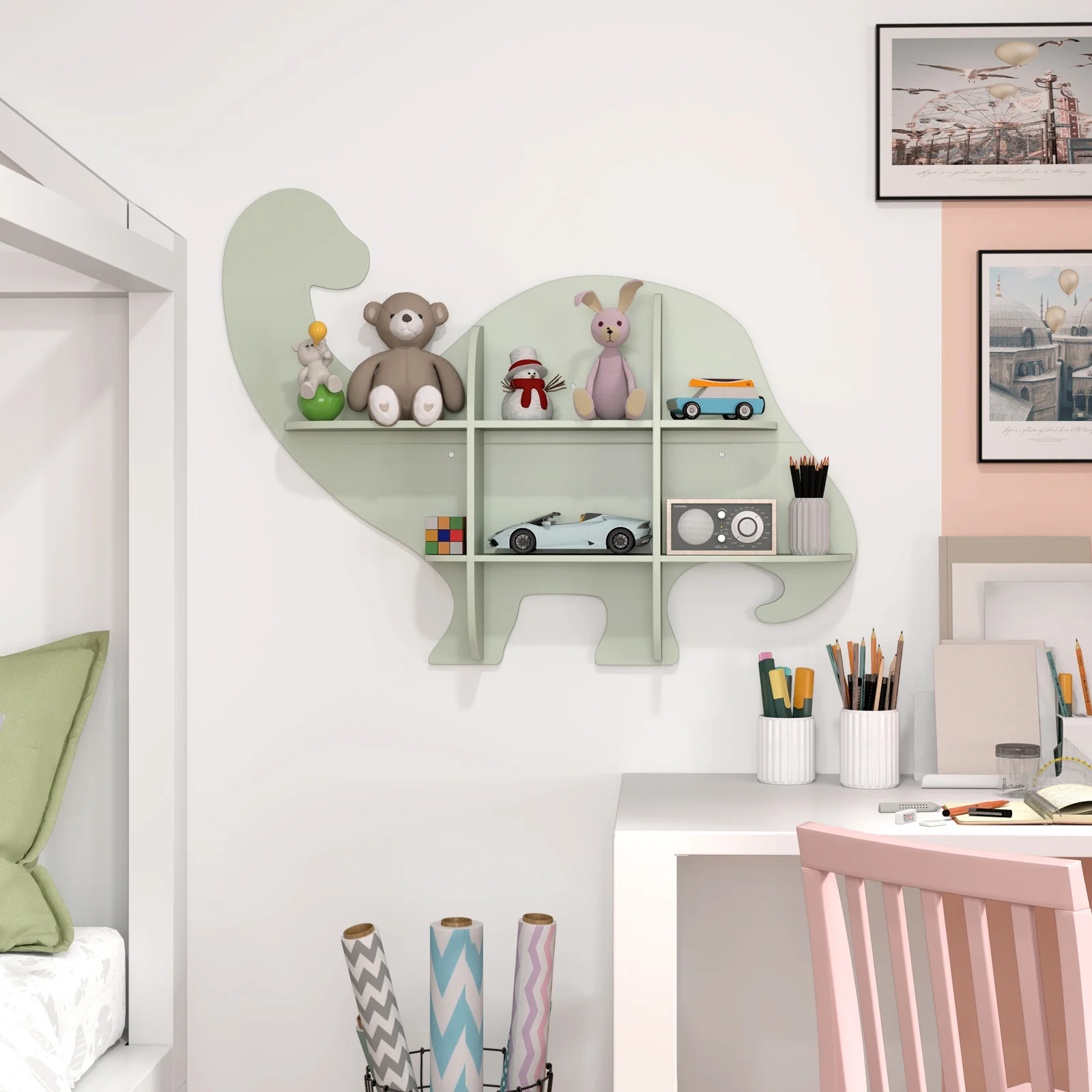 HONEY JOY Floating Dinosaur Kids Bookshelf, 2-Tier Wooden Hanging Bookcase for Children - Image 9