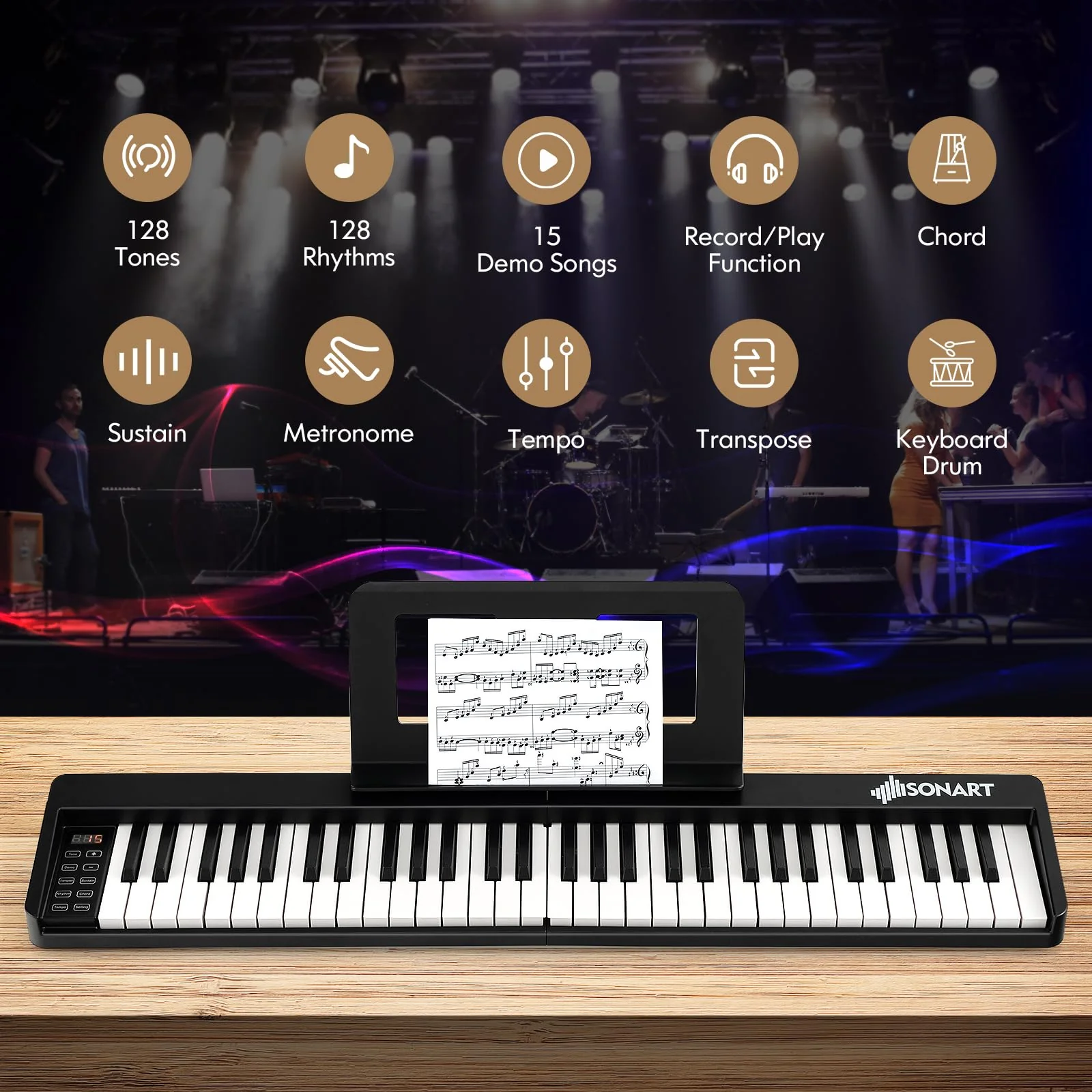 HONEY JOY Foldable 61-Key Piano Keyboard, Portable Electric Piano w/Full Size Keys, Music Stand (Black) - Image 3