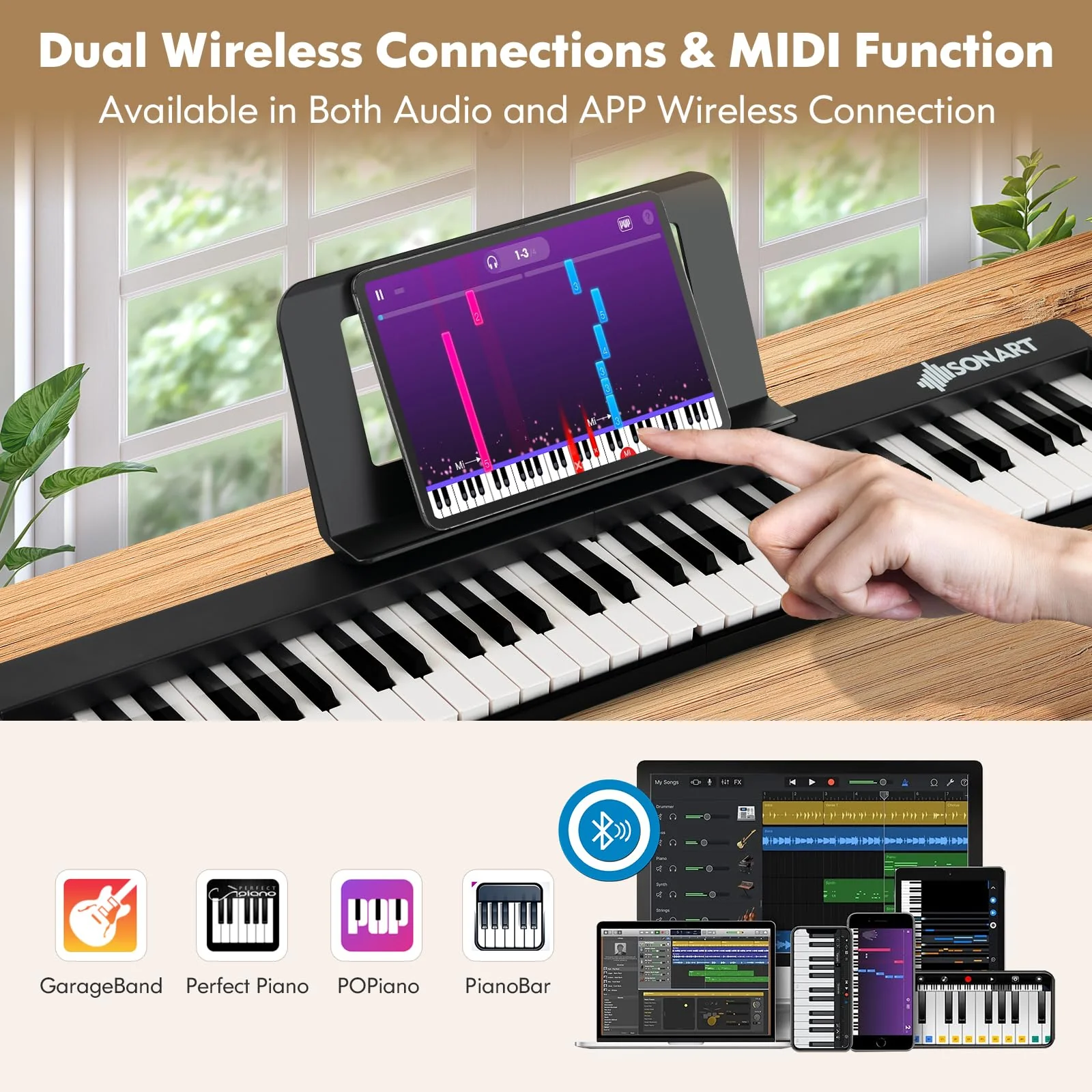 HONEY JOY Foldable 61-Key Piano Keyboard, Portable Electric Piano w/Full Size Keys, Music Stand (Black) - Image 4