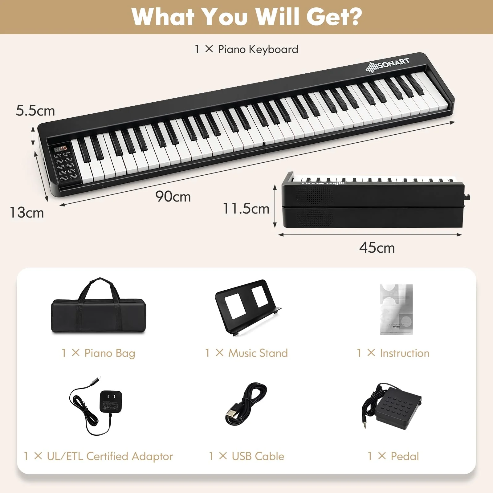 HONEY JOY Foldable 61-Key Piano Keyboard, Portable Electric Piano w/Full Size Keys, Music Stand (Black) - Image 5