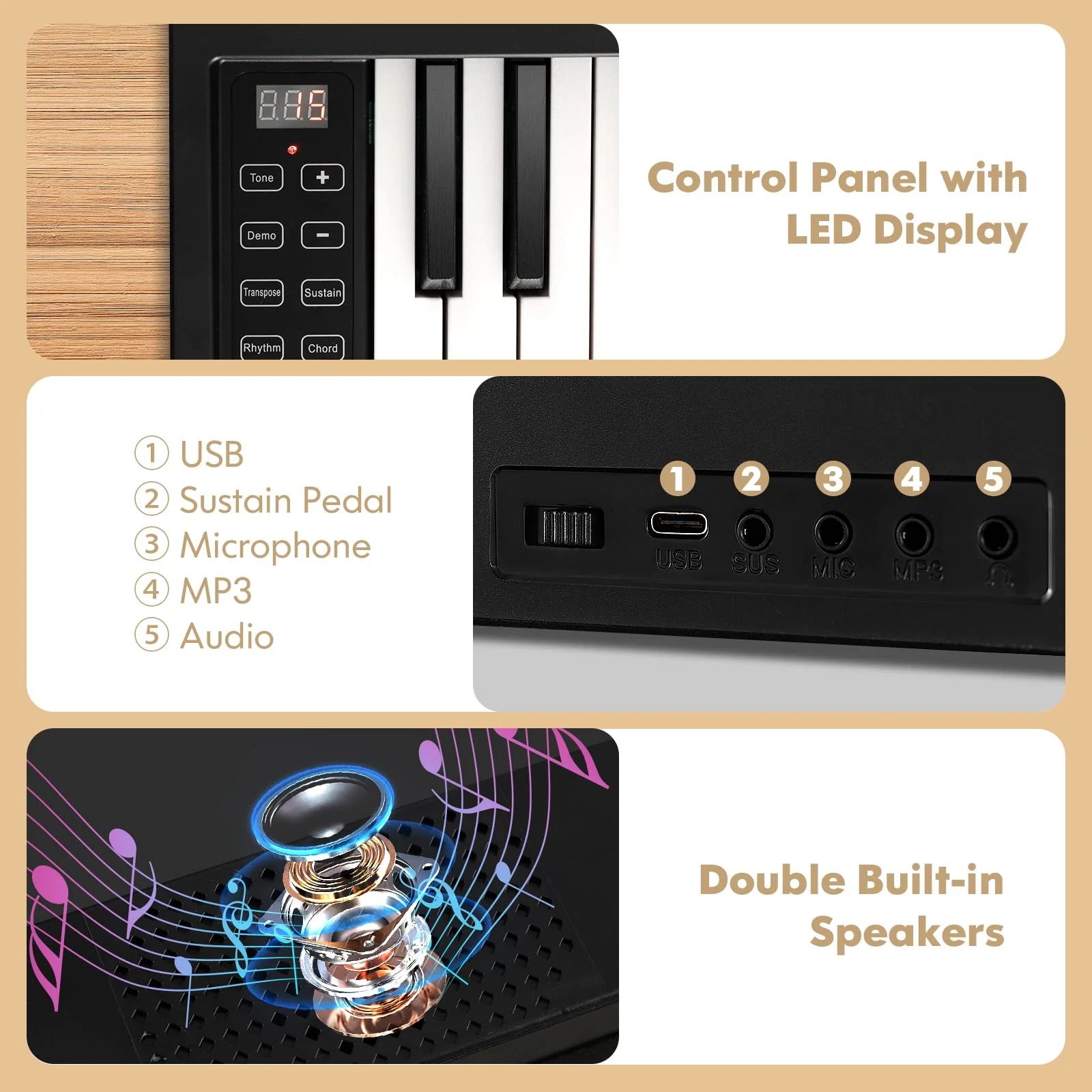 HONEY JOY Foldable 61-Key Piano Keyboard, Portable Electric Piano w/Full Size Keys, Music Stand (Black) - Image 8