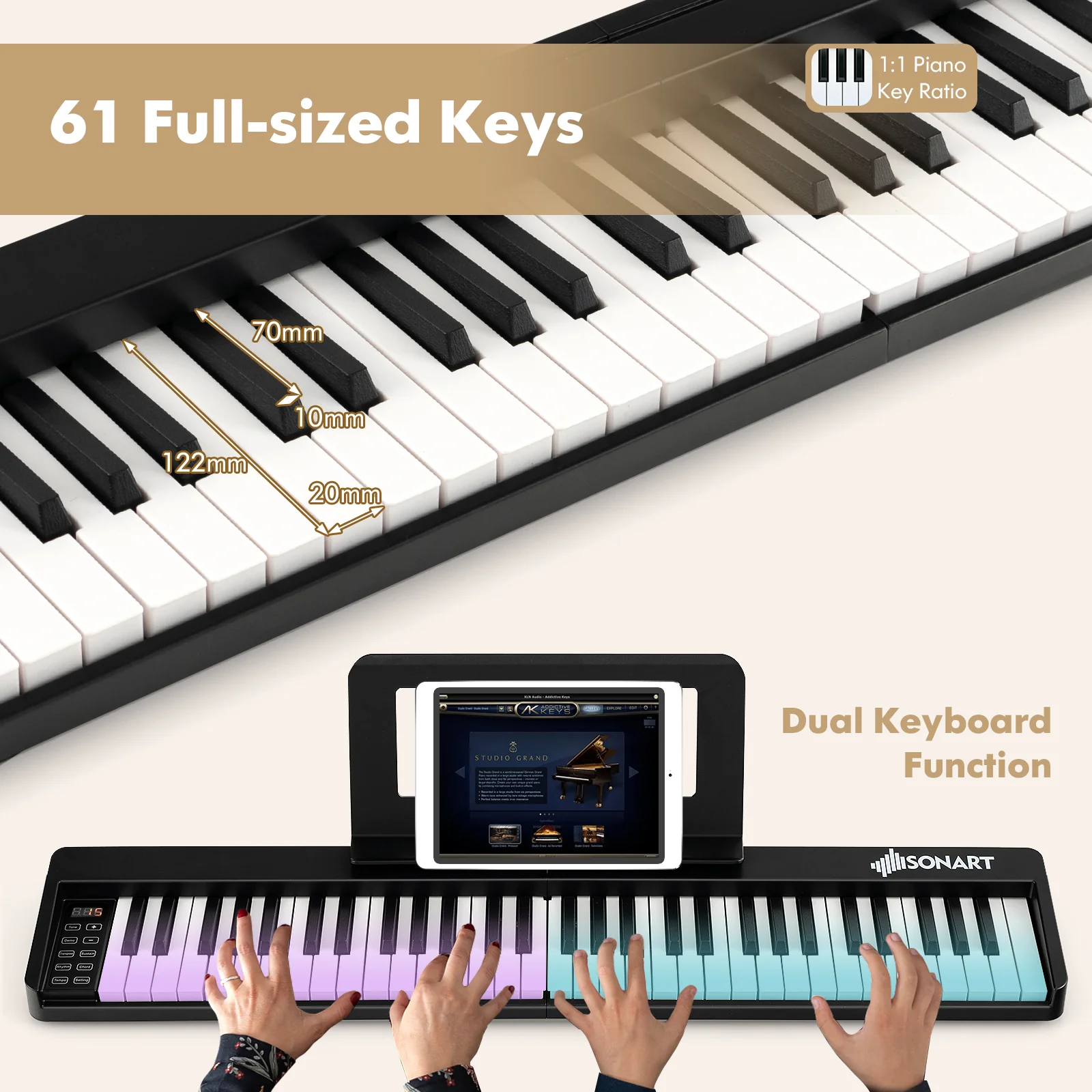 HONEY JOY Foldable 61-Key Piano Keyboard, Portable Electric Piano w/Full Size Keys, Music Stand (Black) - Image 9