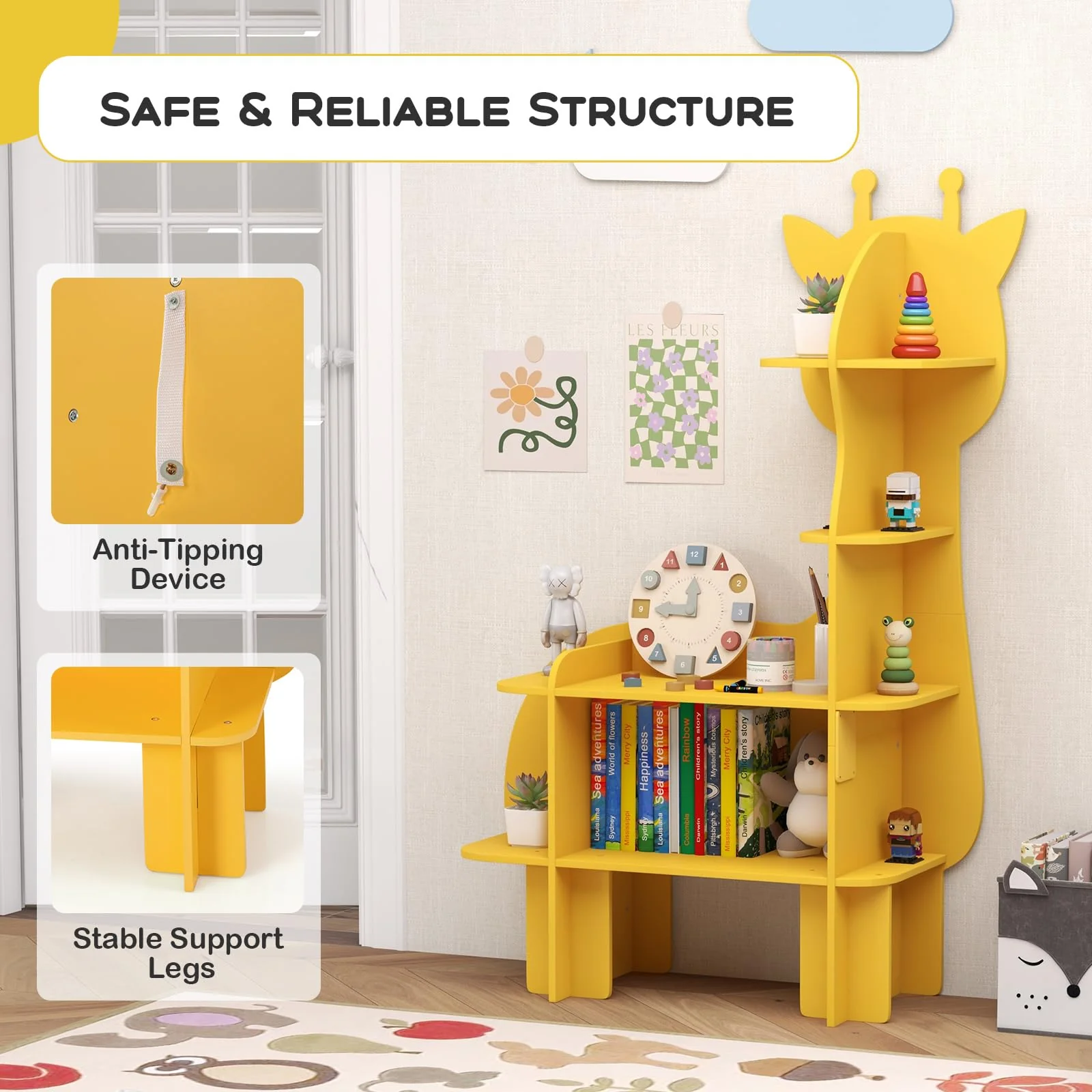 HONEY JOY Giraffe Bookcase for Kids, 4-Tier Toy Storage Organizer with Open Storage Shelves - Image 6