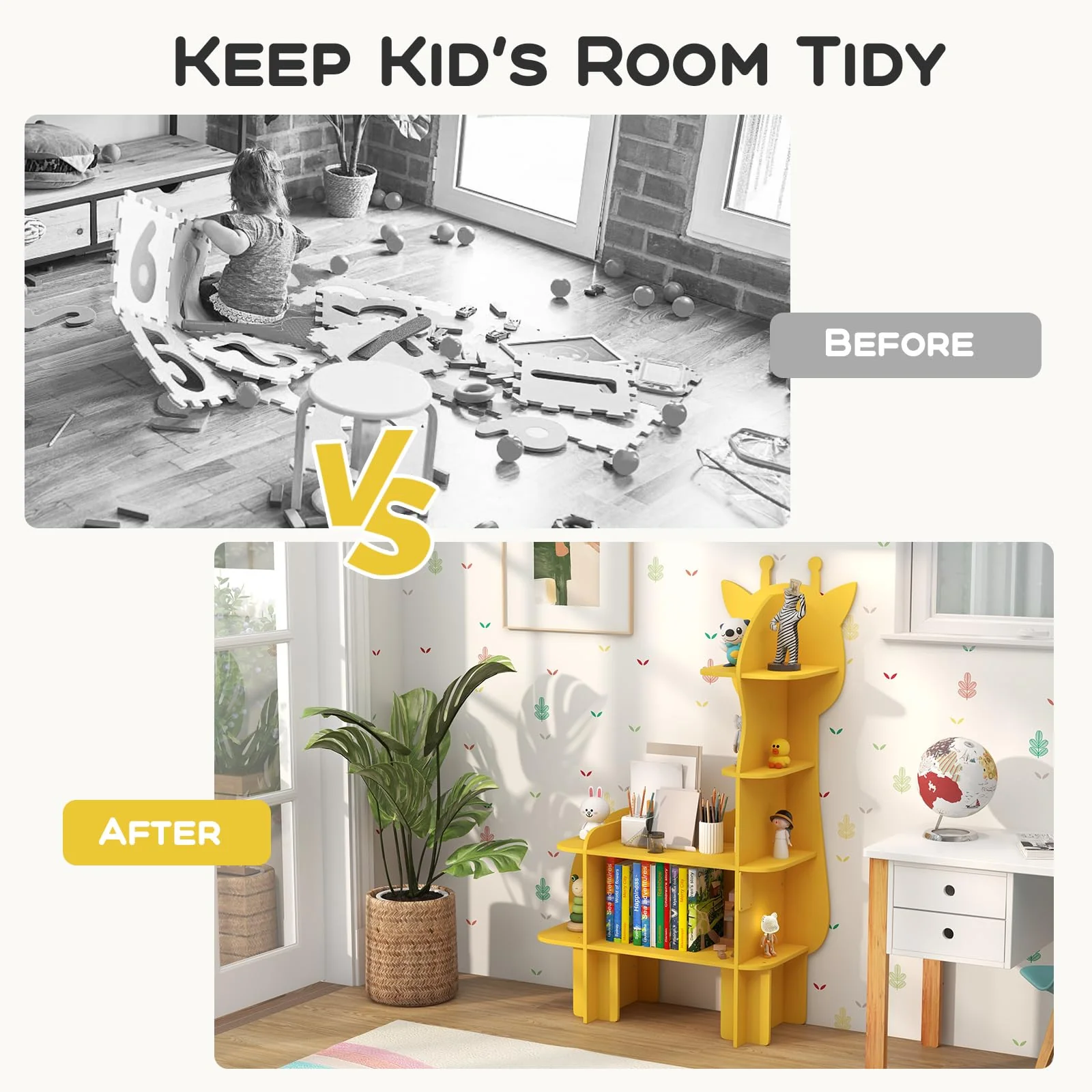 HONEY JOY Giraffe Bookcase for Kids, 4-Tier Toy Storage Organizer with Open Storage Shelves - Image 8
