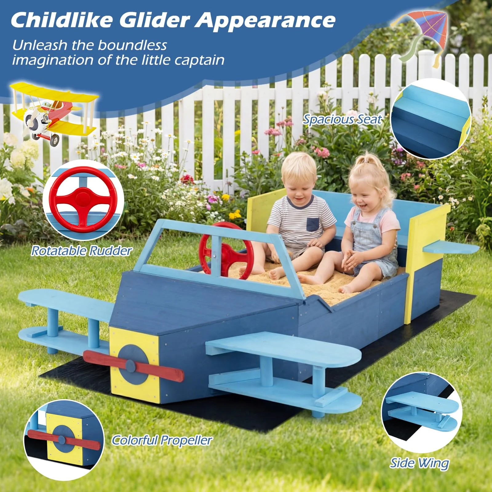 HONEY JOY Glider-Shape Kids Sandpit, Large Wooden Outdoor Sand Box w/Bench Seat - Image 5