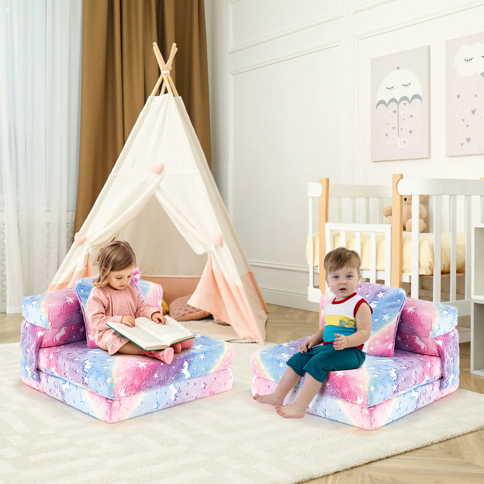 HONEY JOY Glow in The Dark Kids Folding Sofa Bed Floor Mattress - Image 2
