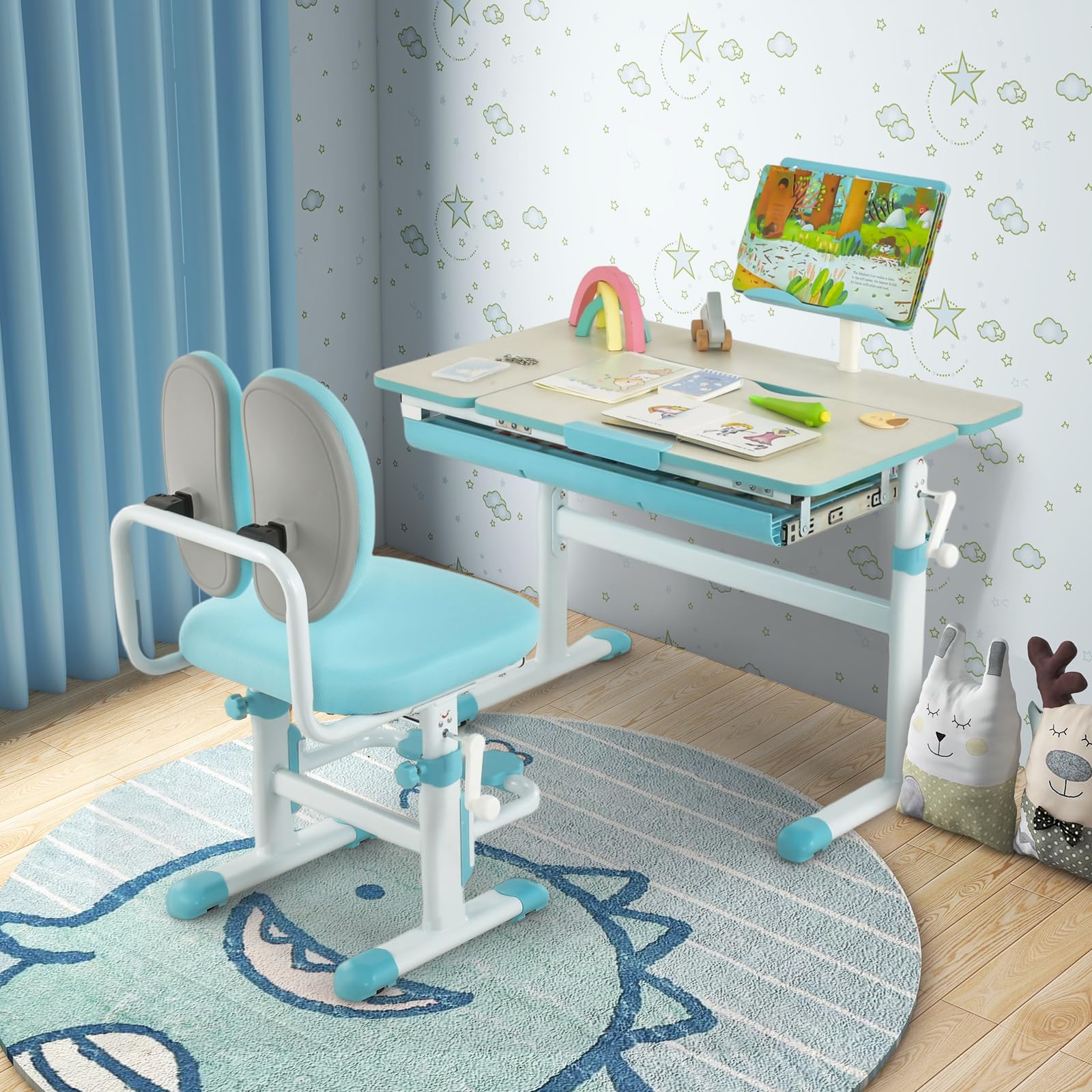 HONEY JOY Height-Adjustable Kids Desk w/Tilt Desktop & Book Stand, Storage Drawer & Scale Ruler - Image 2