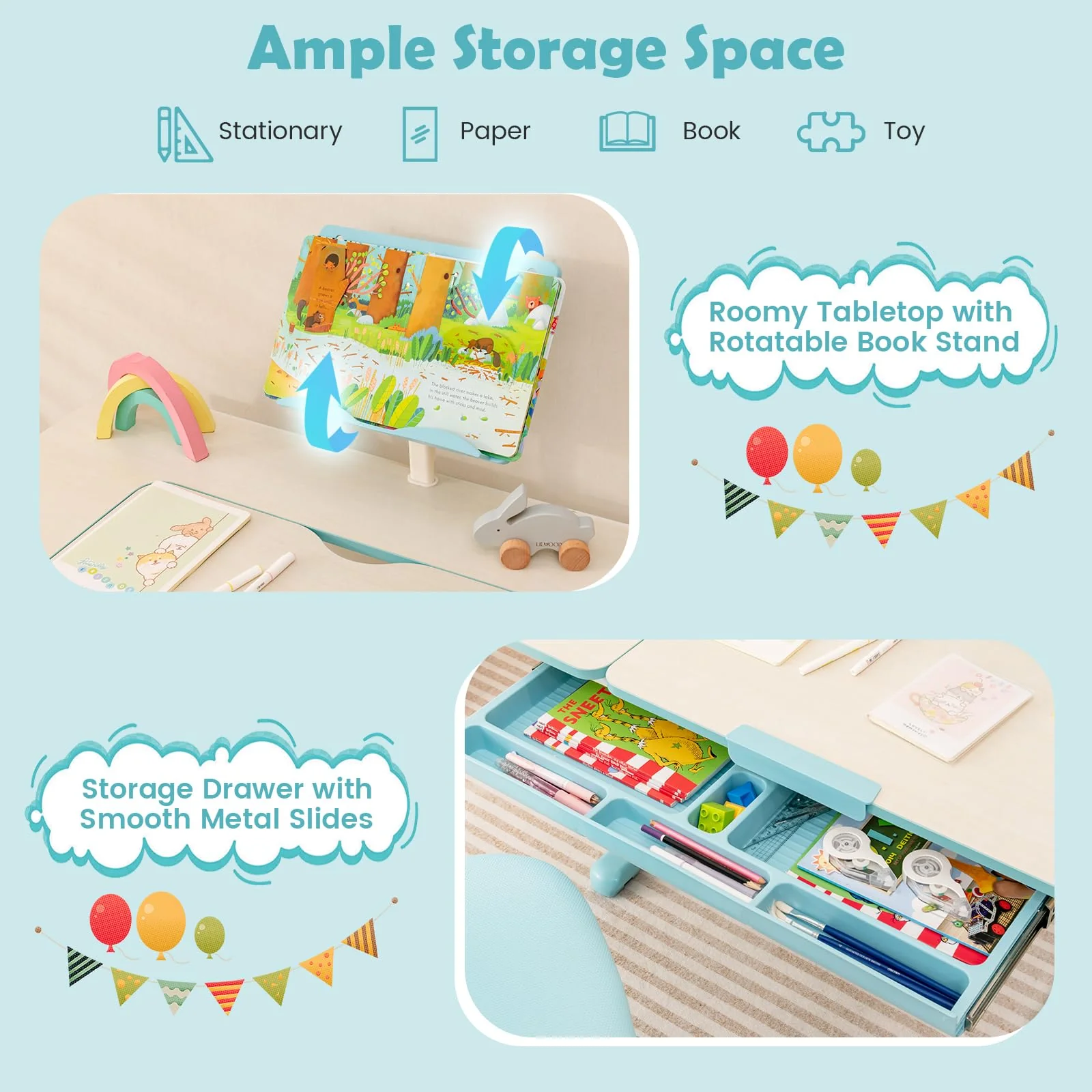 HONEY JOY Height-Adjustable Kids Desk w/Tilt Desktop & Book Stand, Storage Drawer & Scale Ruler - Image 3