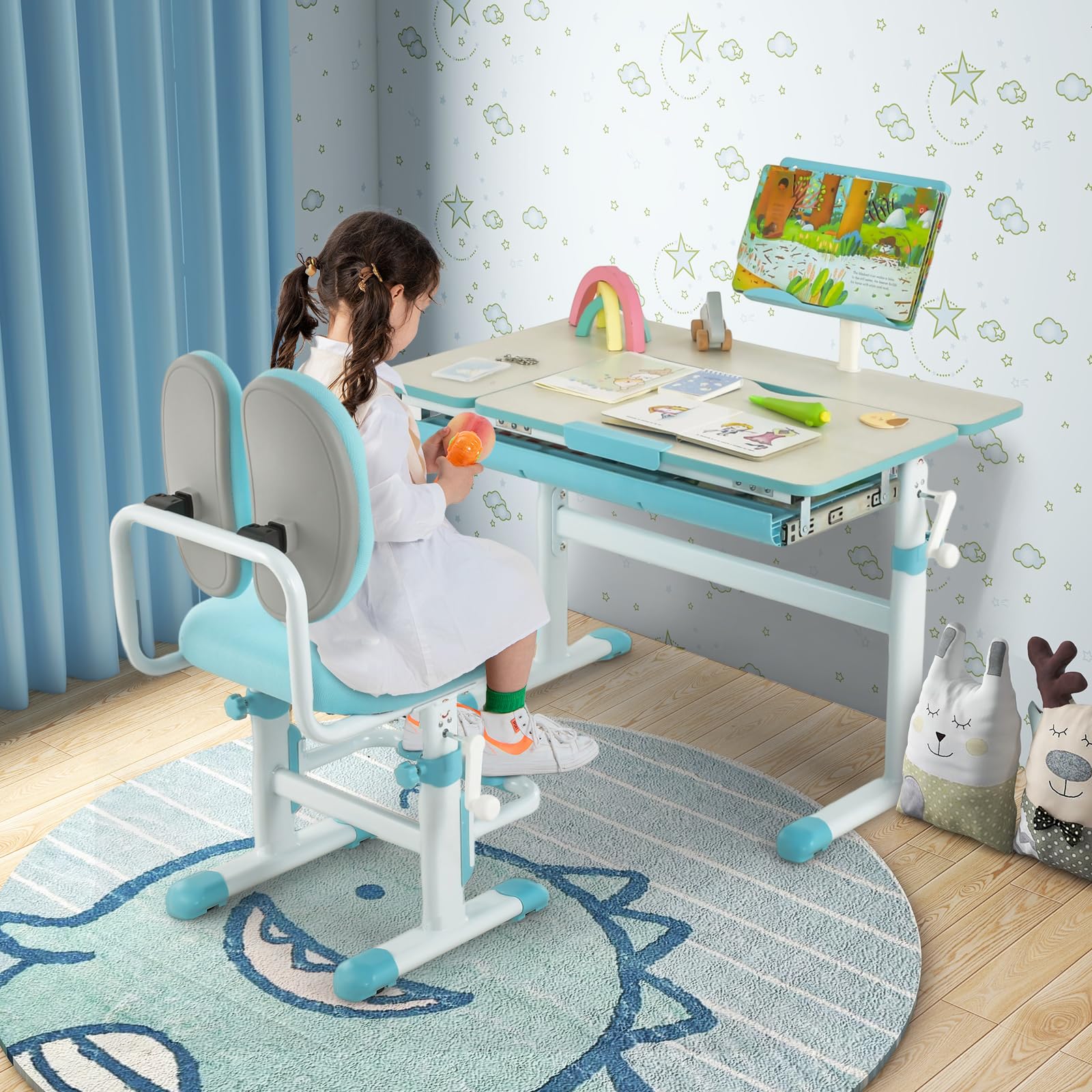 HONEY JOY Height-Adjustable Kids Desk w/Tilt Desktop & Book Stand, Storage Drawer & Scale Ruler - Image 4