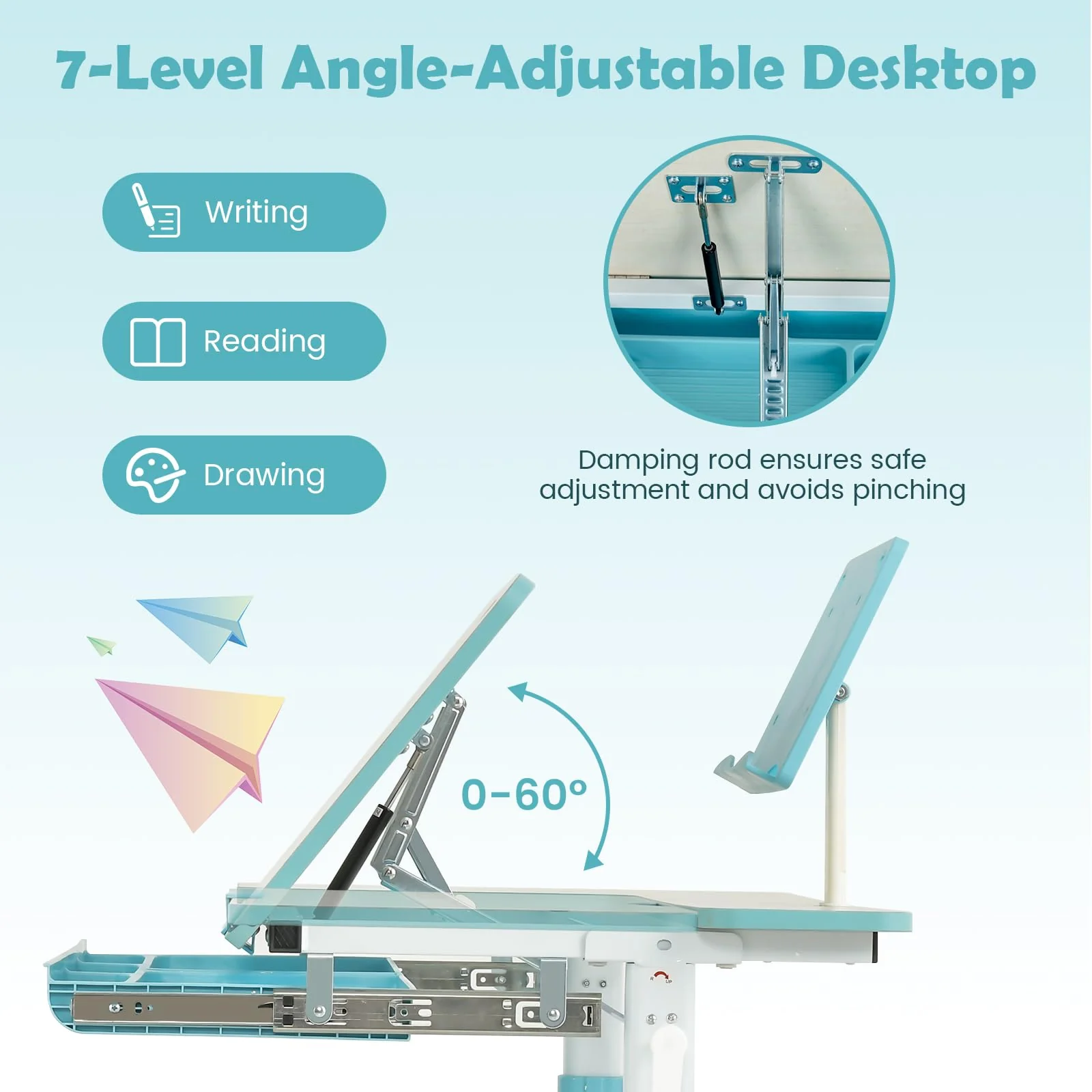 HONEY JOY Height-Adjustable Kids Desk w/Tilt Desktop & Book Stand, Storage Drawer & Scale Ruler - Image 6