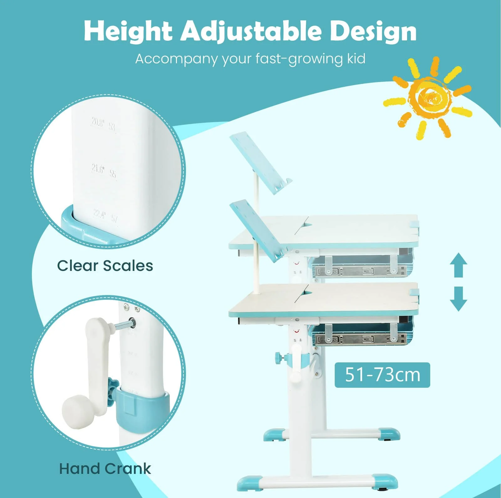 HONEY JOY Height-Adjustable Kids Desk w/Tilt Desktop & Book Stand, Storage Drawer & Scale Ruler - Image 7