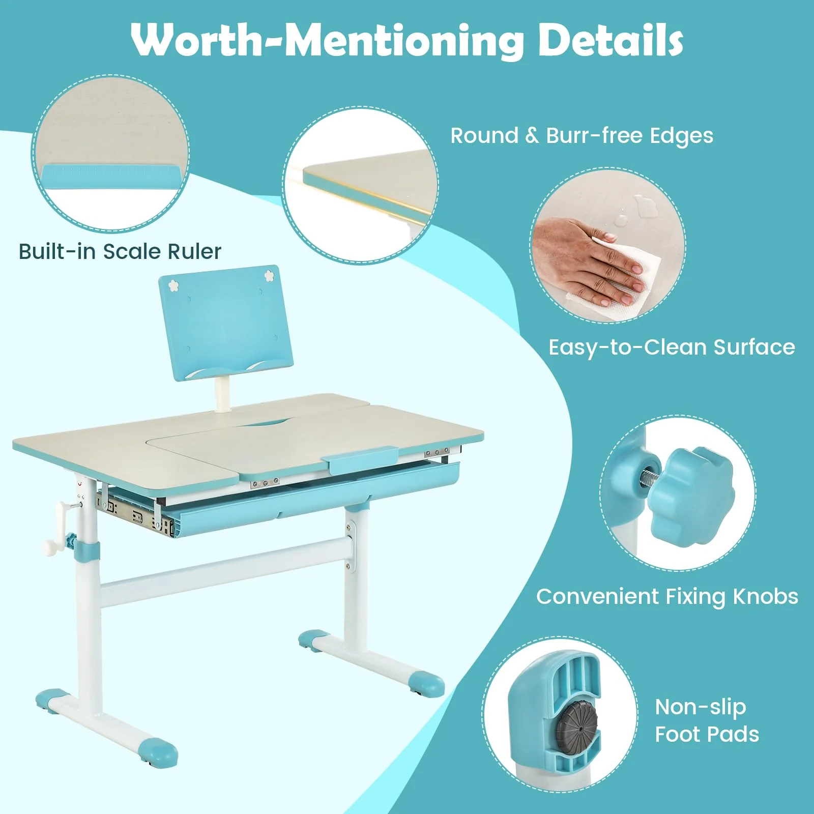 HONEY JOY Height-Adjustable Kids Desk w/Tilt Desktop & Book Stand, Storage Drawer & Scale Ruler - Image 8