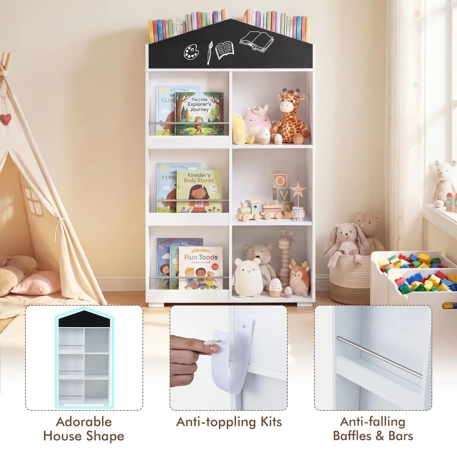 HONEY JOY House Shaped Kids Bookshelf, Toy Storage Organizer - Image 8