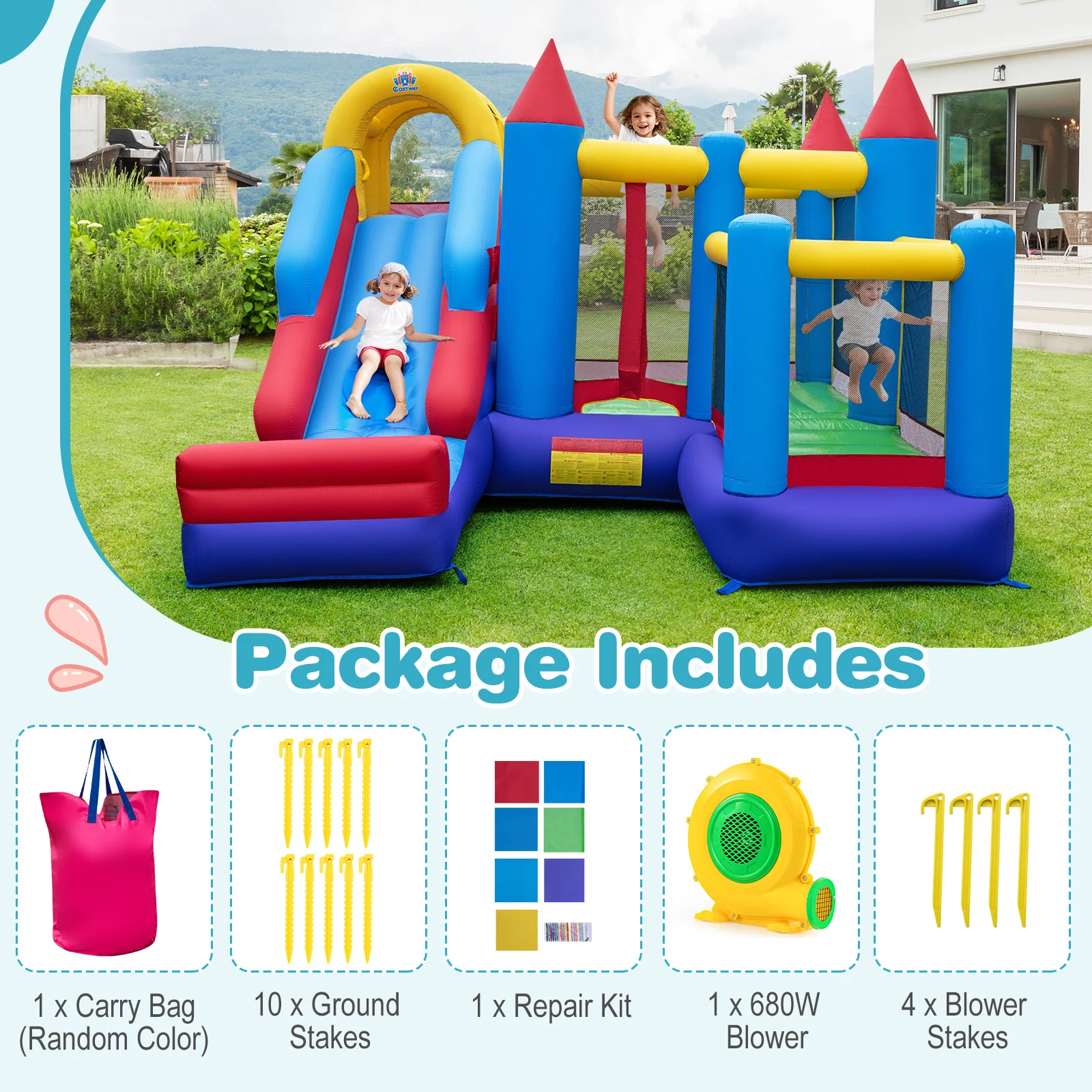 HONEY JOY Inflatable Bounce House, Jumping Castle w/Slide, Climbing Wall, Basketball Rim - Image 3