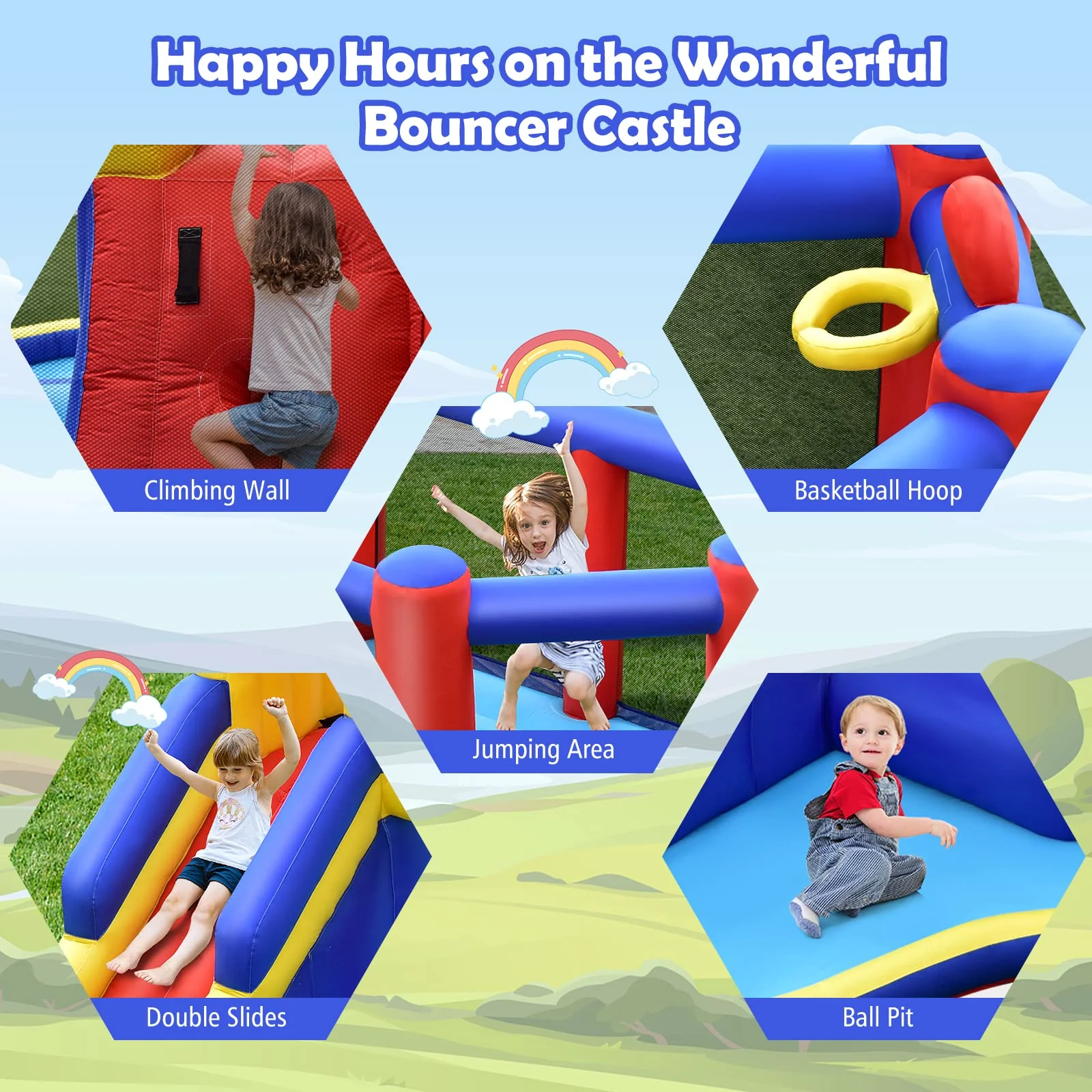HONEY JOY Inflatable Bounce House with Large Jumping Area, Dual Slide, Ball Pit, Climb Wall, Basketball Hoop - Image 3