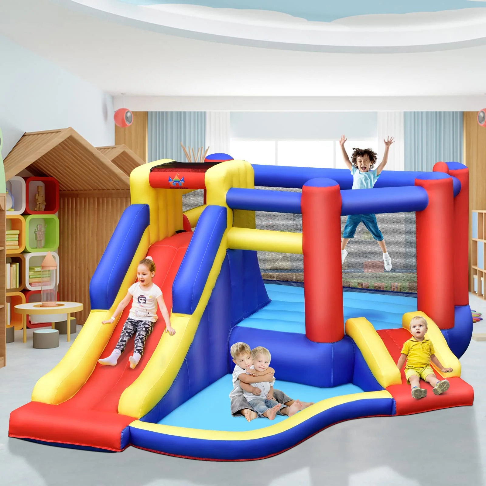 HONEY JOY Inflatable Bounce House with Large Jumping Area, Dual Slide, Ball Pit, Climb Wall, Basketball Hoop - Image 9