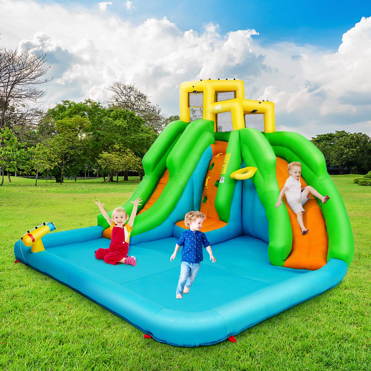 HONEY JOY Inflatable Water Slide, 6 in 1 Inflatable Castle Water Park w/Climbing Wall, Basketball Rim - Image 3
