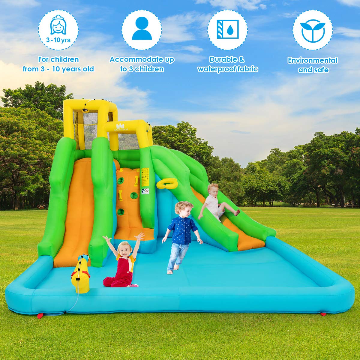 HONEY JOY Inflatable Water Slide, 6 in 1 Inflatable Castle Water Park w/Climbing Wall, Basketball Rim - Image 9