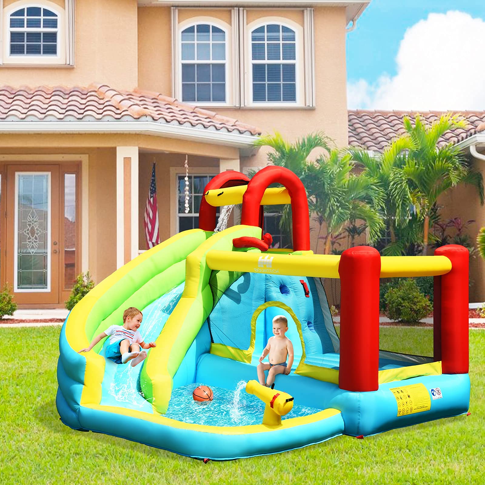 HONEY JOY Inflatable Water Slide, 6 in 1 Jumping Bounce House w/Climbing Wall, Splash Pool