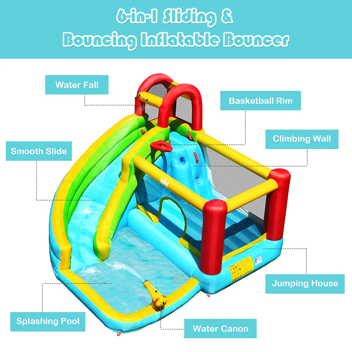 HONEY JOY Inflatable Water Slide, 6 in 1 Jumping Bounce House w/Climbing Wall, Splash Pool - Image 2