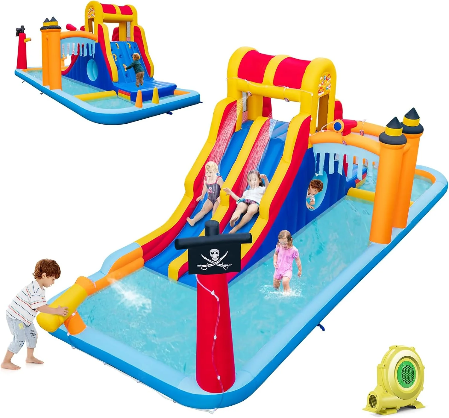 HONEY JOY Inflatable Water Slide, 6-in-1 Water Park w/Dual Slides, Climbing Wall, Water Cannon, Splash Pools - Image 10