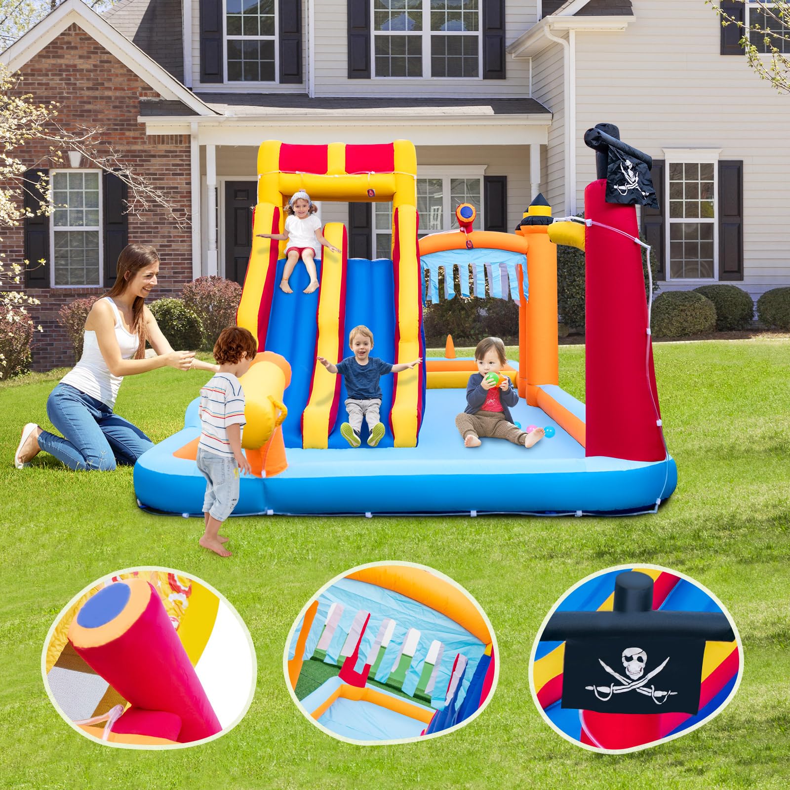 HONEY JOY Inflatable Water Slide, 6-in-1 Water Park w/Dual Slides, Climbing Wall, Water Cannon, Splash Pools - Image 3